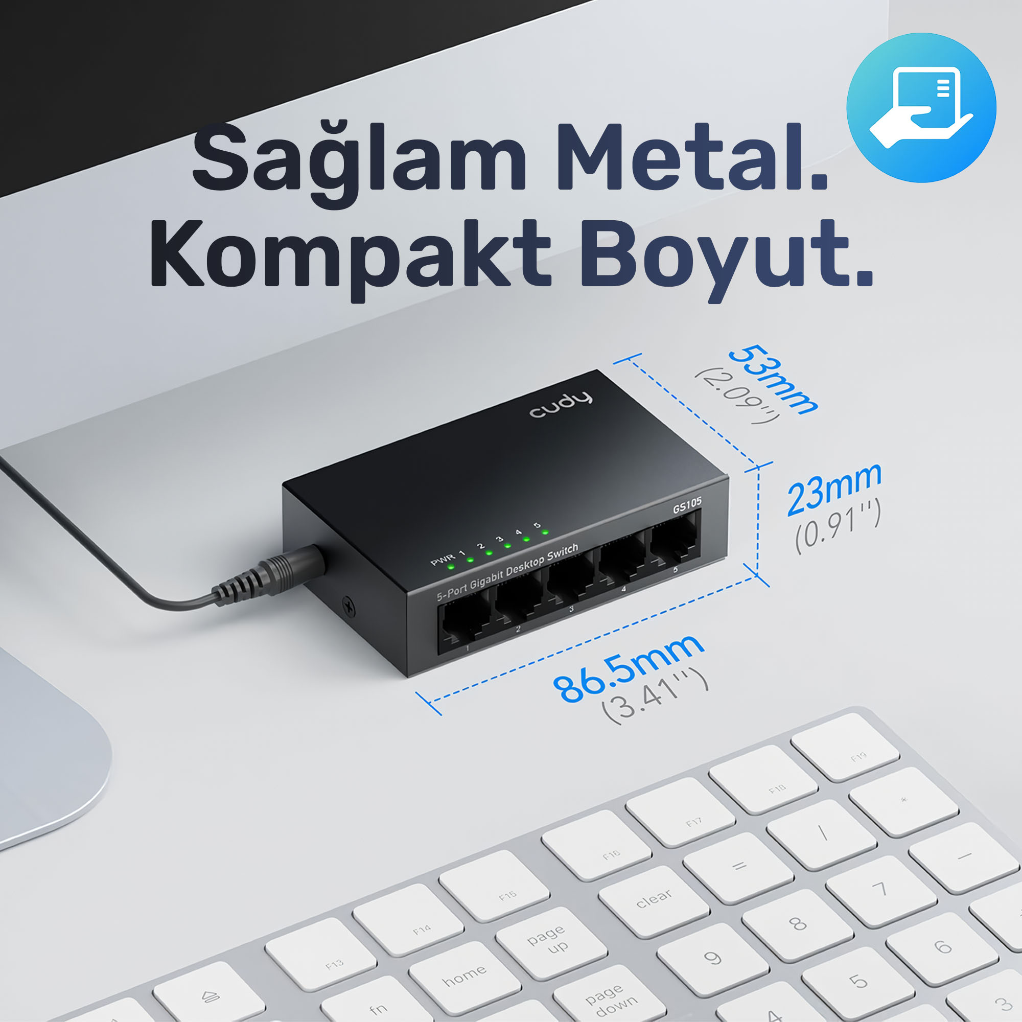 Czarny 5-portowy przełącznik biurkowy Gigabit z zielonymi diodami i wymiarami.