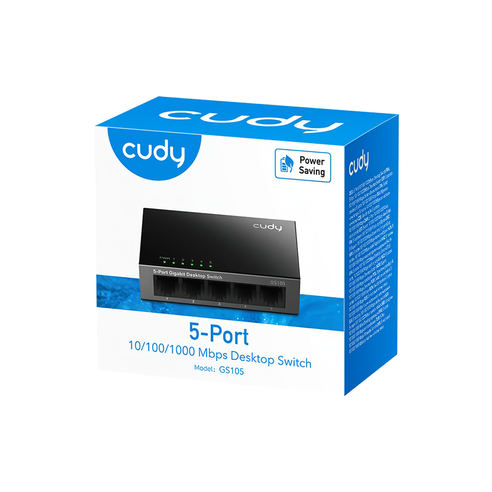 Opakowanie 5-portowego przełącznika biurkowego Cudy Gigabit, model GS105.
