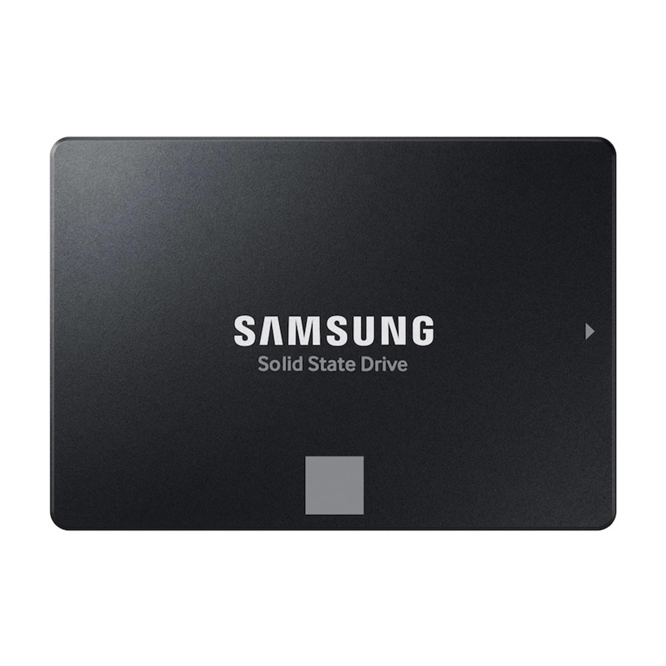 Czarny dysk SSD Samsung z logo tekstowym na białym tle.