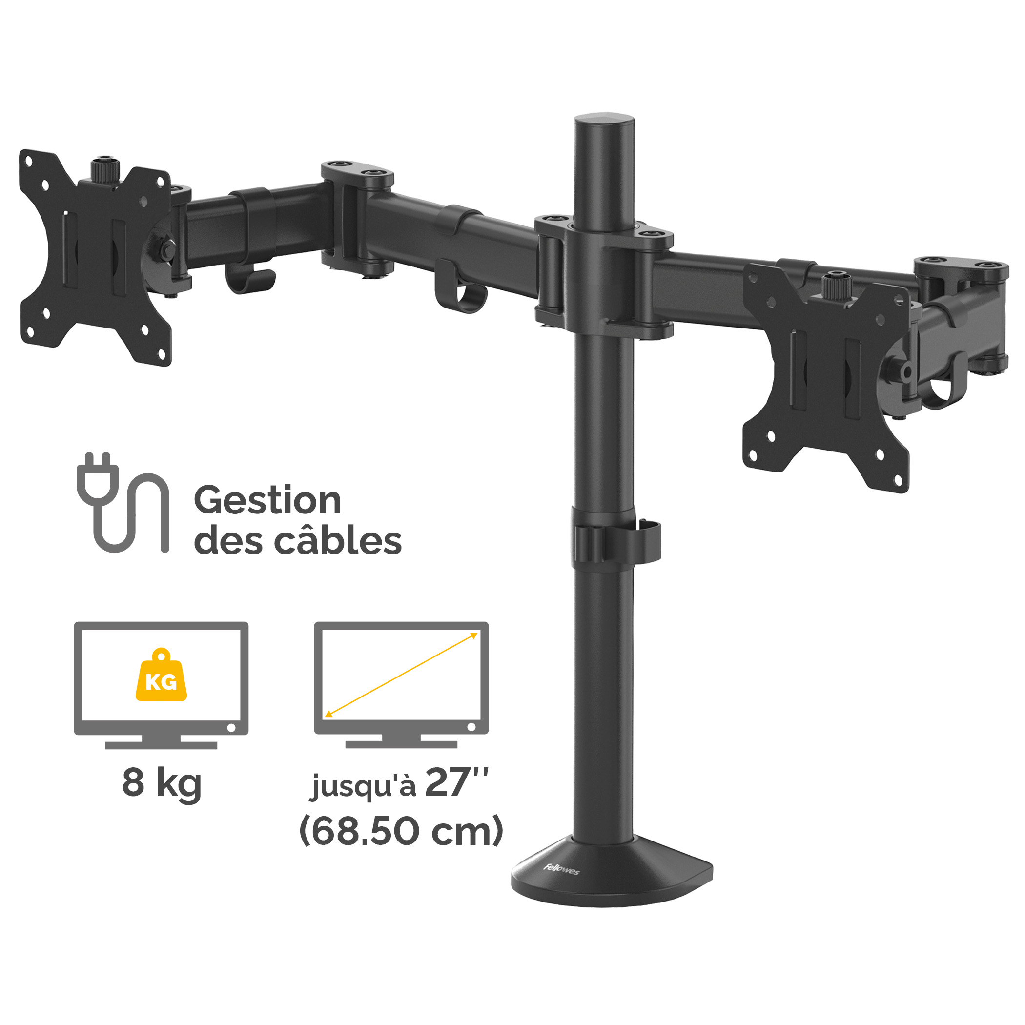 Schwarzer Doppelmonitorhalter mit Kabelmanagement, 8 kg Traglast, für bis zu 27 Zoll Bildschirme.
