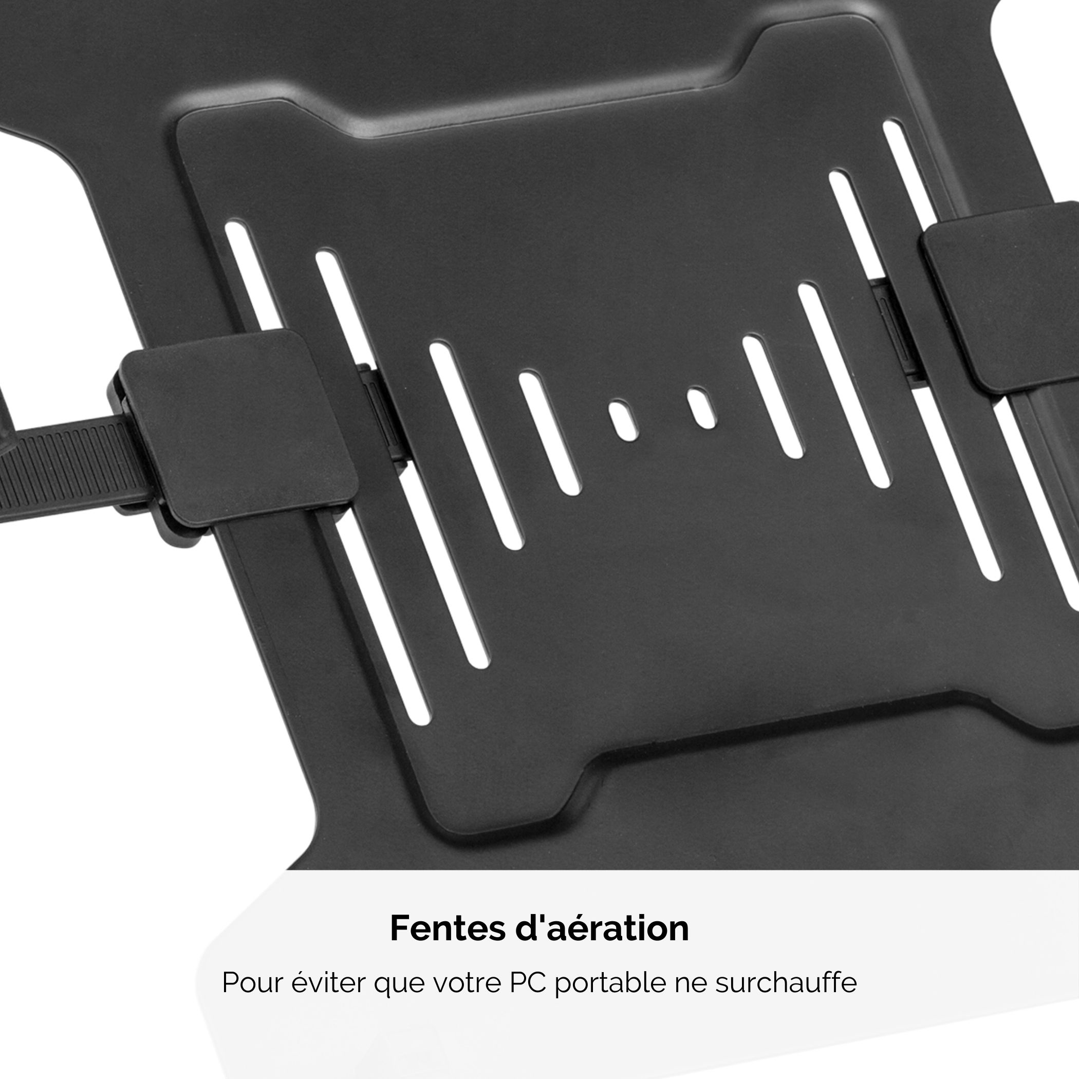 Czarny stojak na laptopa z otworami wentylacyjnymi i klipsami.