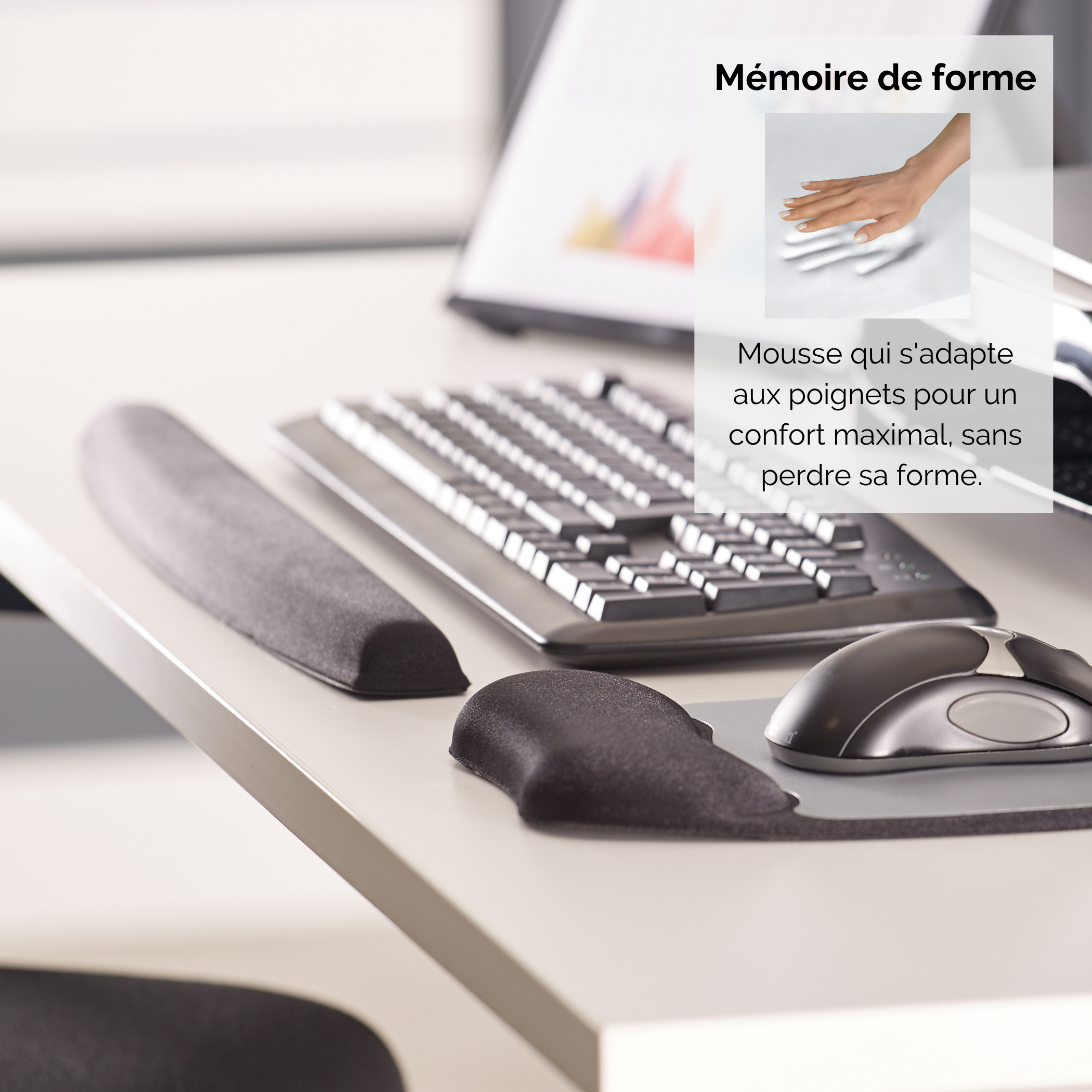 Accessori da scrivania: tastiera, mouse, poggiapolsi e tappetino mouse.