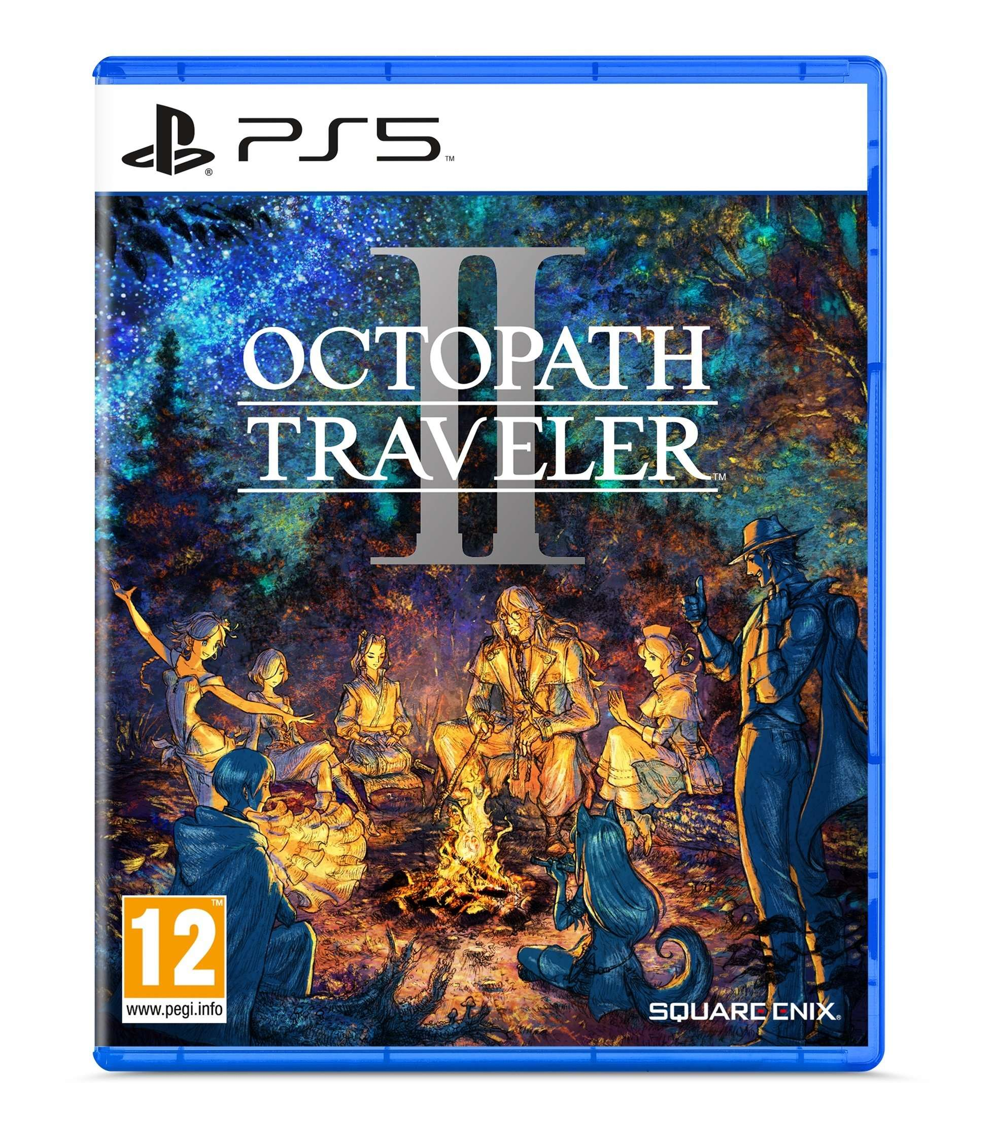 Pudełko gry PS5: Octopath Traveler II, postacie siedzą przy ognisku pod gwiaździstym niebem.