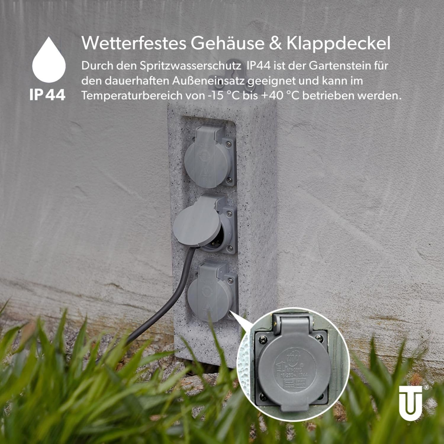 Wetterfestes Gehäuse mit drei Steckdosen und Klappdeckeln, IP44.