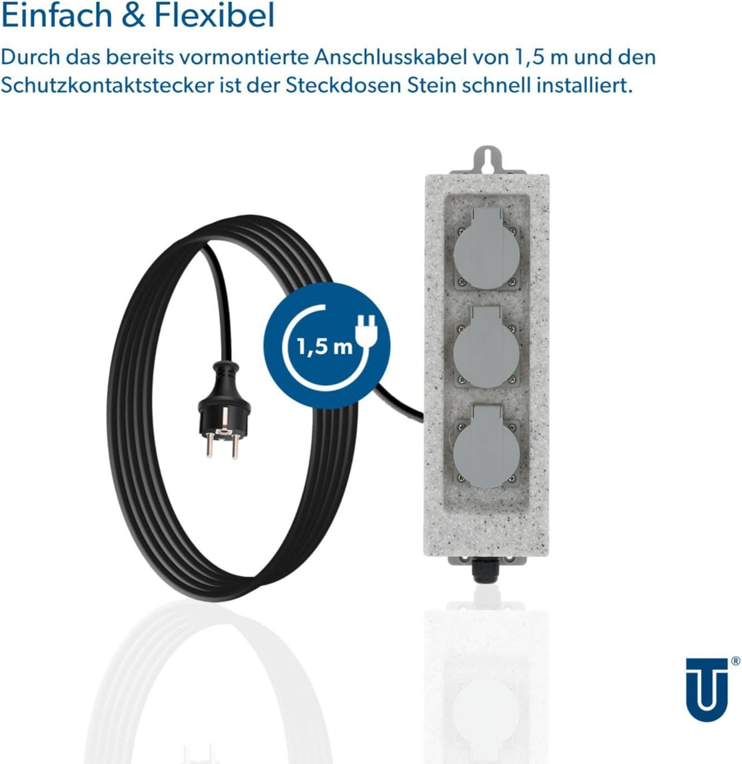 Schwarzes Kabel mit Stecker und eine Mehrfachsteckdose mit drei Schuko-Steckplätzen.