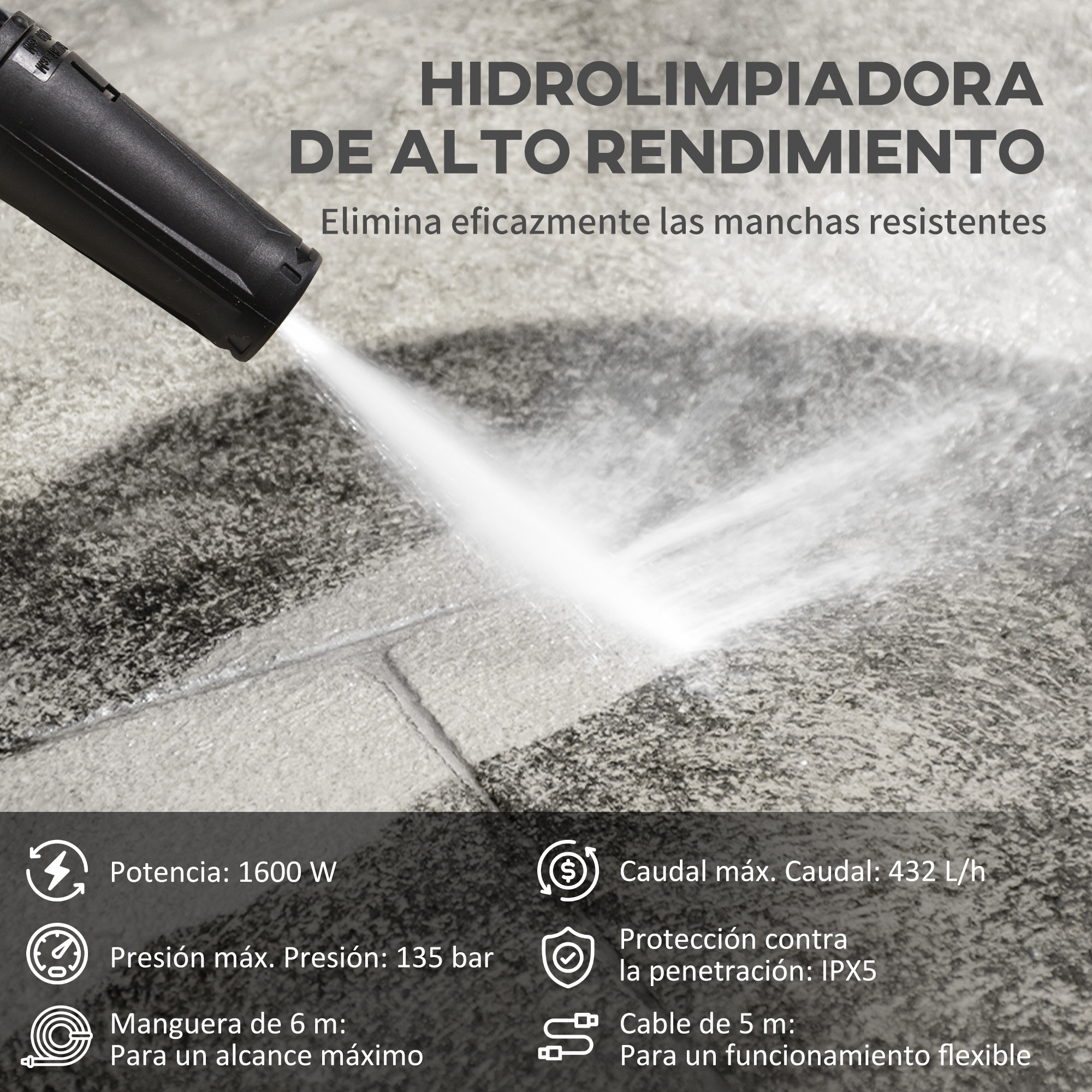 Una hidrolimpiadora rocía agua sobre una superficie pavimentada.