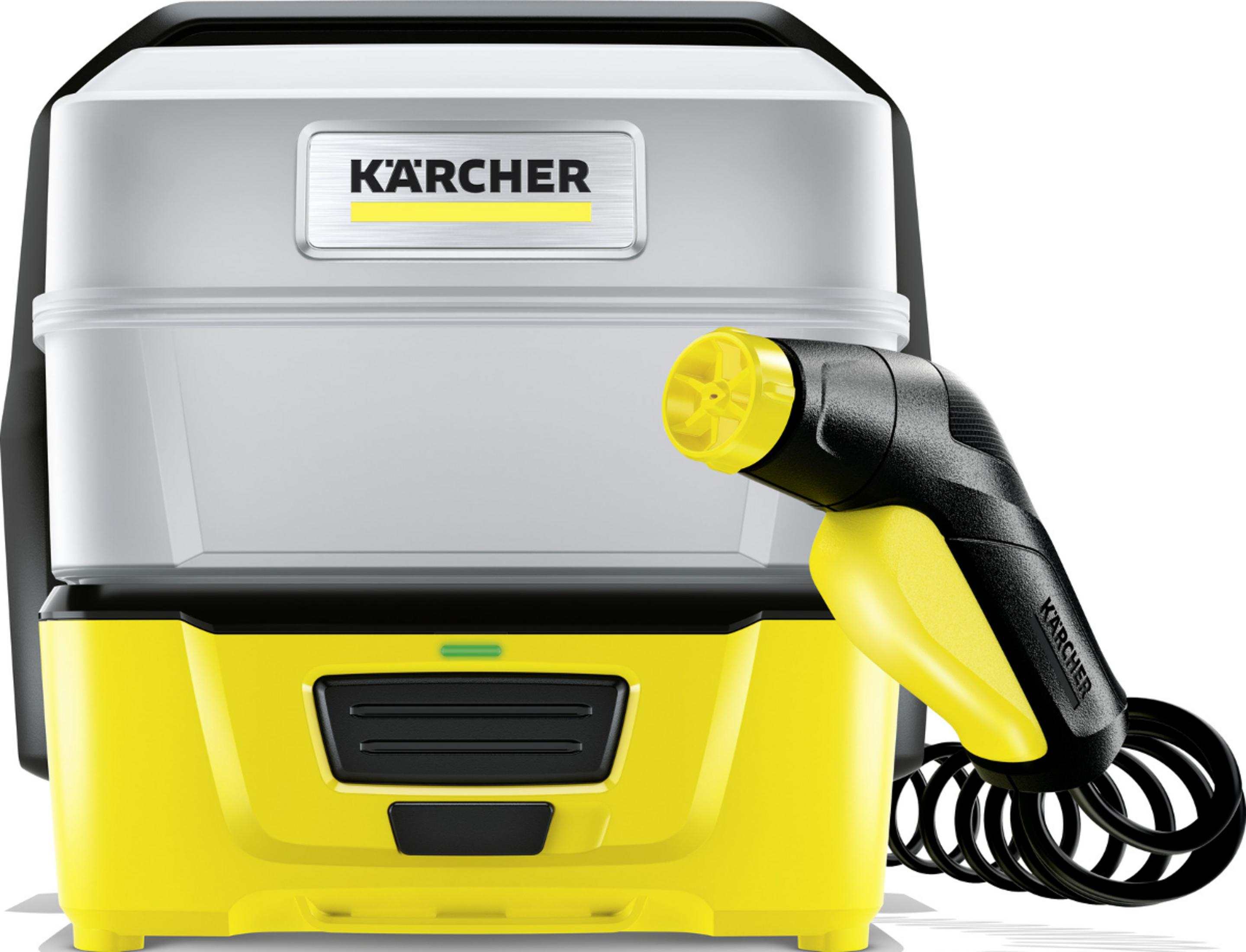 Idropulitrice Karcher gialla e bianca con tubo e pistola.
