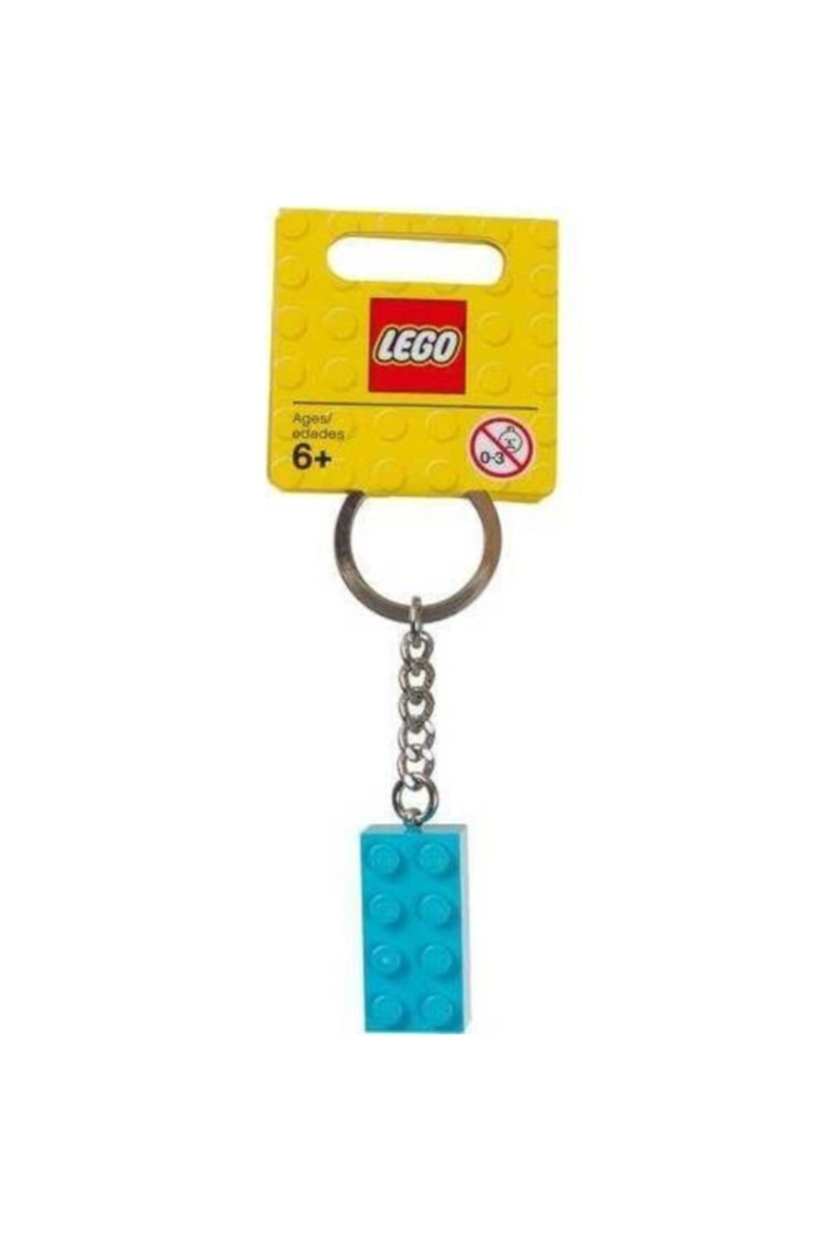 Mavi tuğla anahtarlıklı sarı LEGO ambalajı.