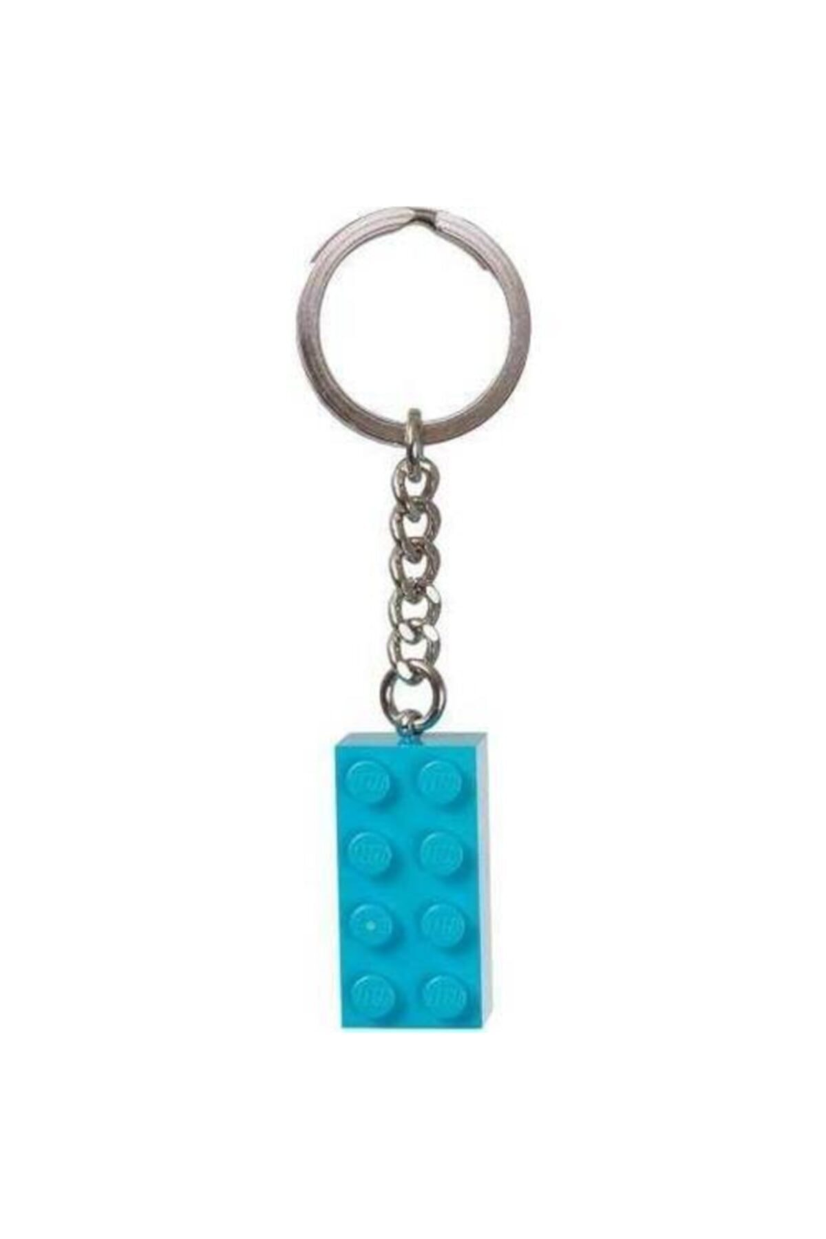 Gümüş zincirli mavi Lego tuğlalı anahtarlık.
