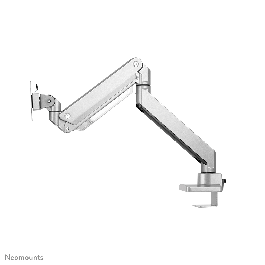 A silver monitor arm with a clamp and VESA mount is shown on a white background.