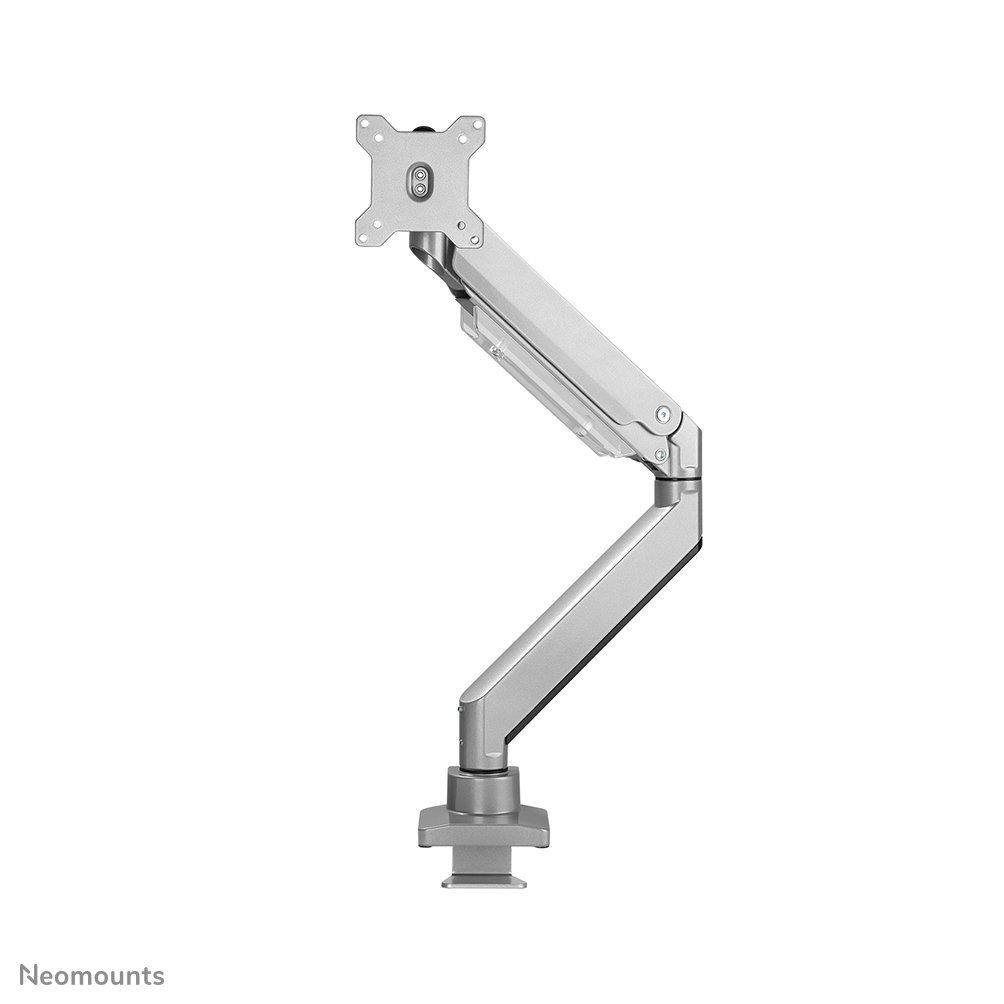 A silver monitor arm with clamp base and VESA mount, on a white background.