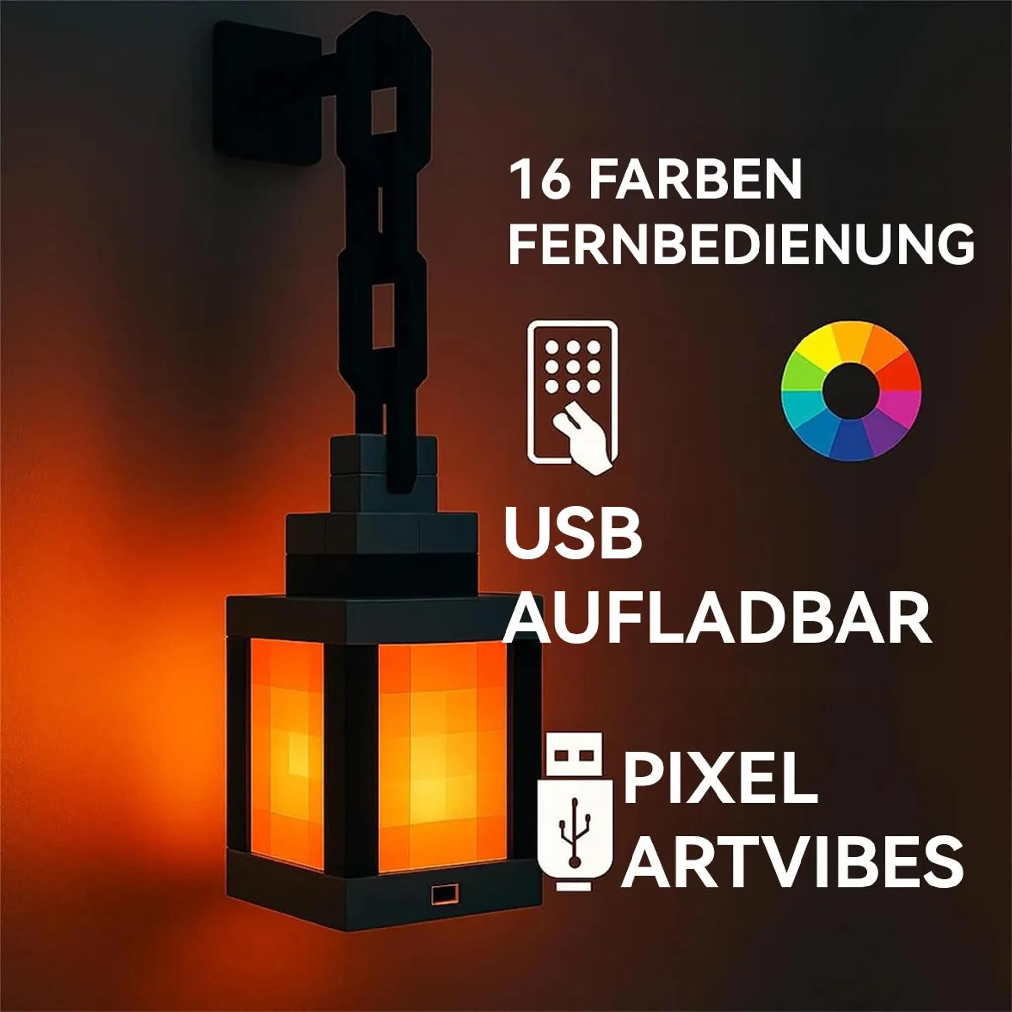 Pixel-Lampe mit Fernbedienung, USB-aufladbar, 16 Farben.