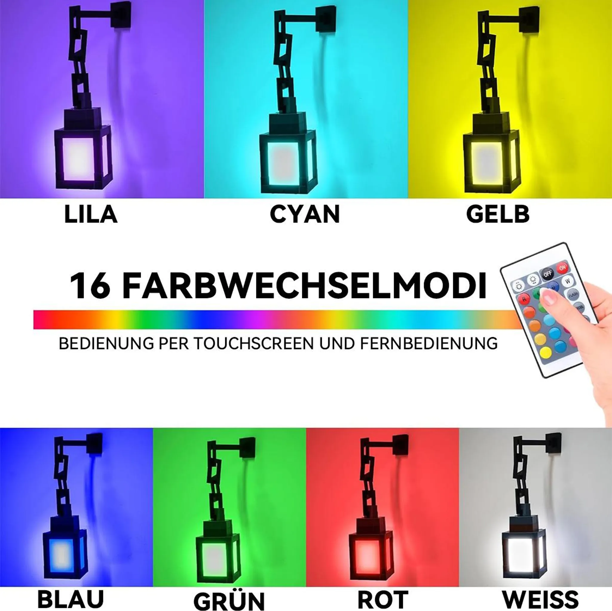 Wandlampe mit 16 Farbwechselmodi, bedienbar per Touchscreen und Fernbedienung.