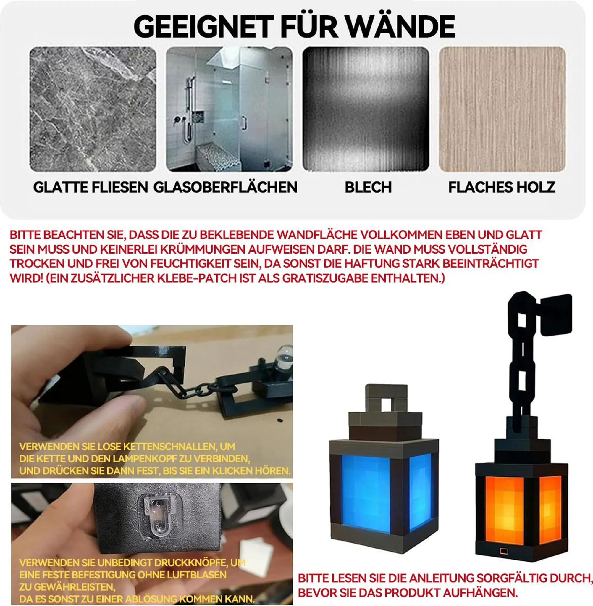 Bilder von glatten Oberflächen, Anleitung zur Montage und zwei Pixel-Laternen.