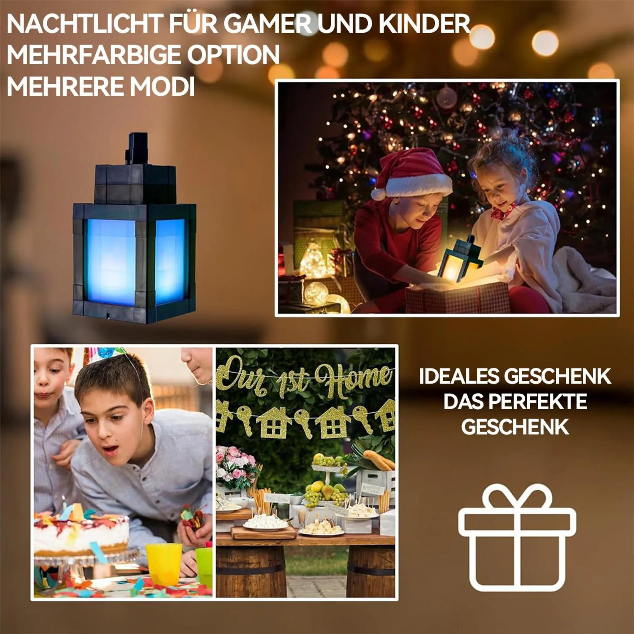 Collage: Nachtlicht, Kinder packen Geschenke aus, Kindergeburtstag, Motto-Party.