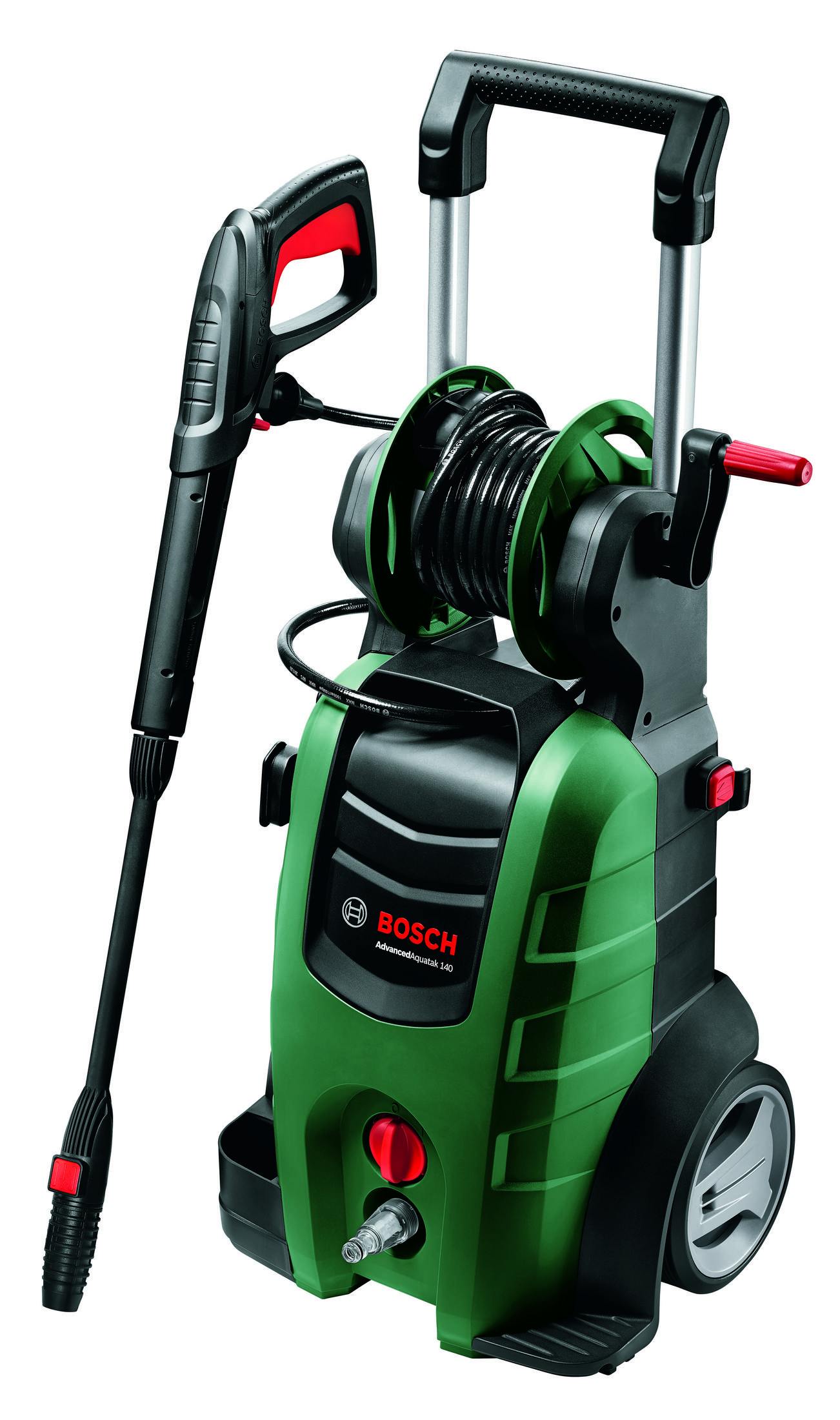 Idropulitrice Bosch verde con tubo e pistola a spruzzo su sfondo bianco.
