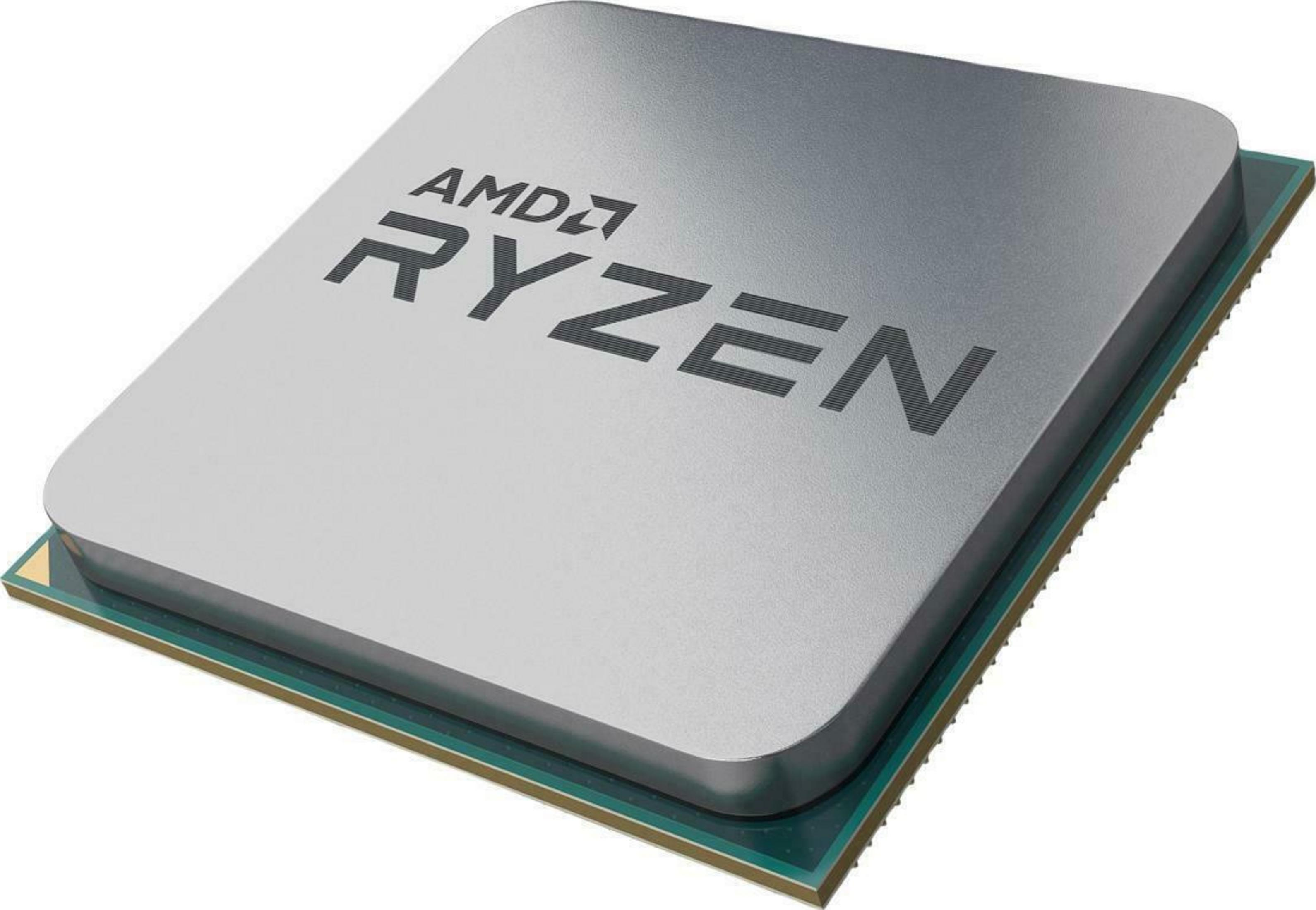 Silberner AMD Ryzen Prozessor mit schwarzen Markierungen auf weißem Hintergrund.
