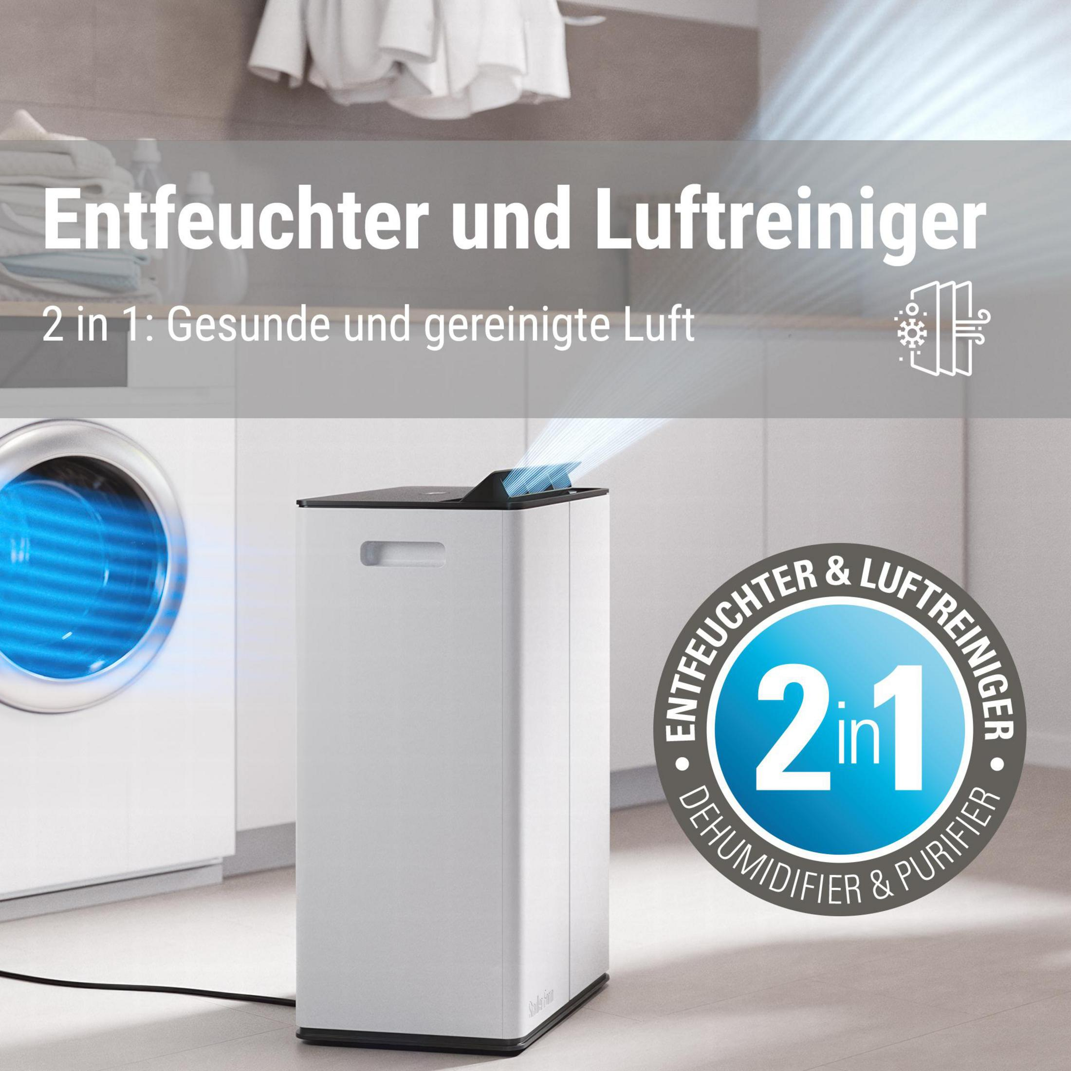 Een witte luchtontvochtiger en luchtreiniger staat in een ruimte met een wasmachine.