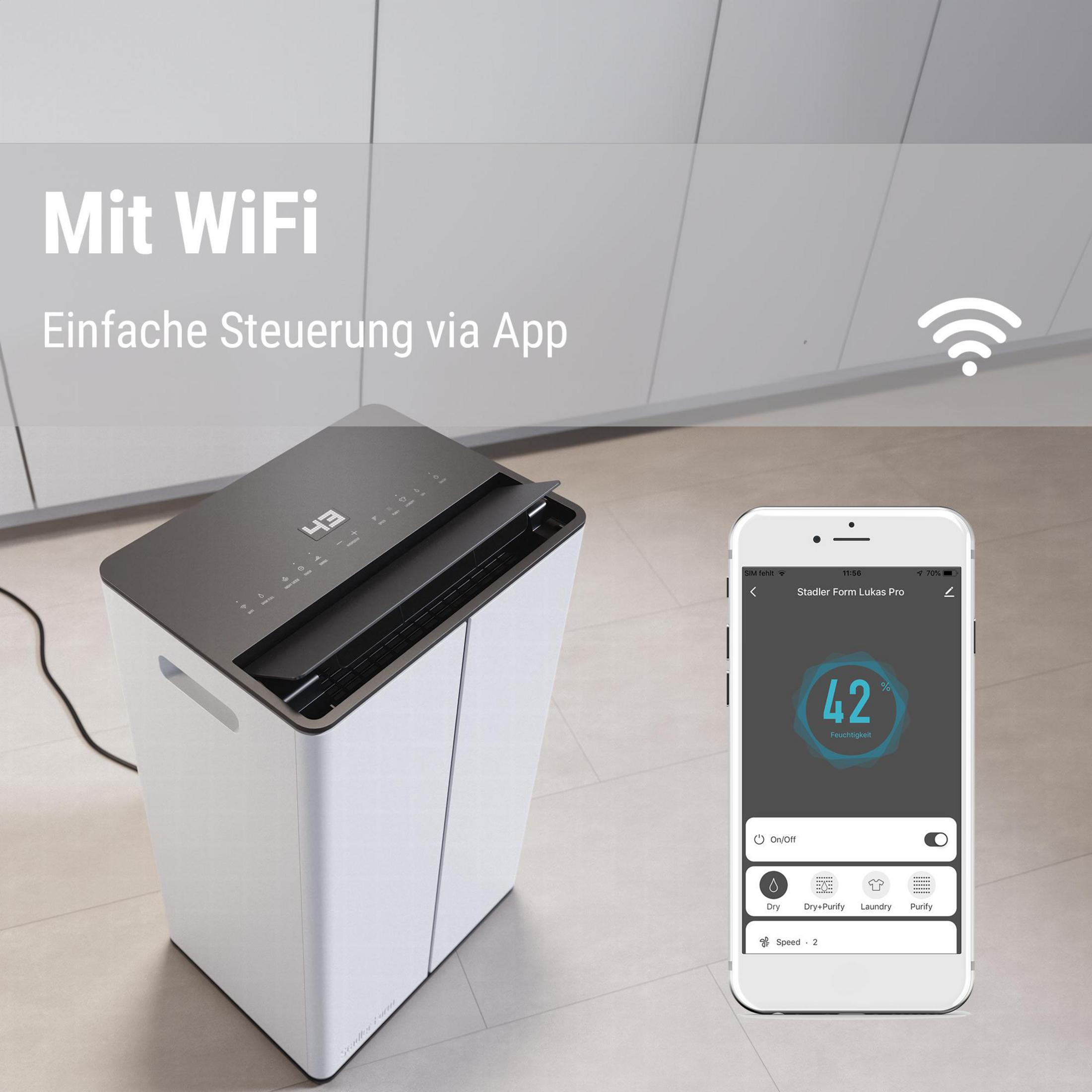 Een witte luchtontvochtiger met WiFi-bediening via app op een smartphone ernaast.