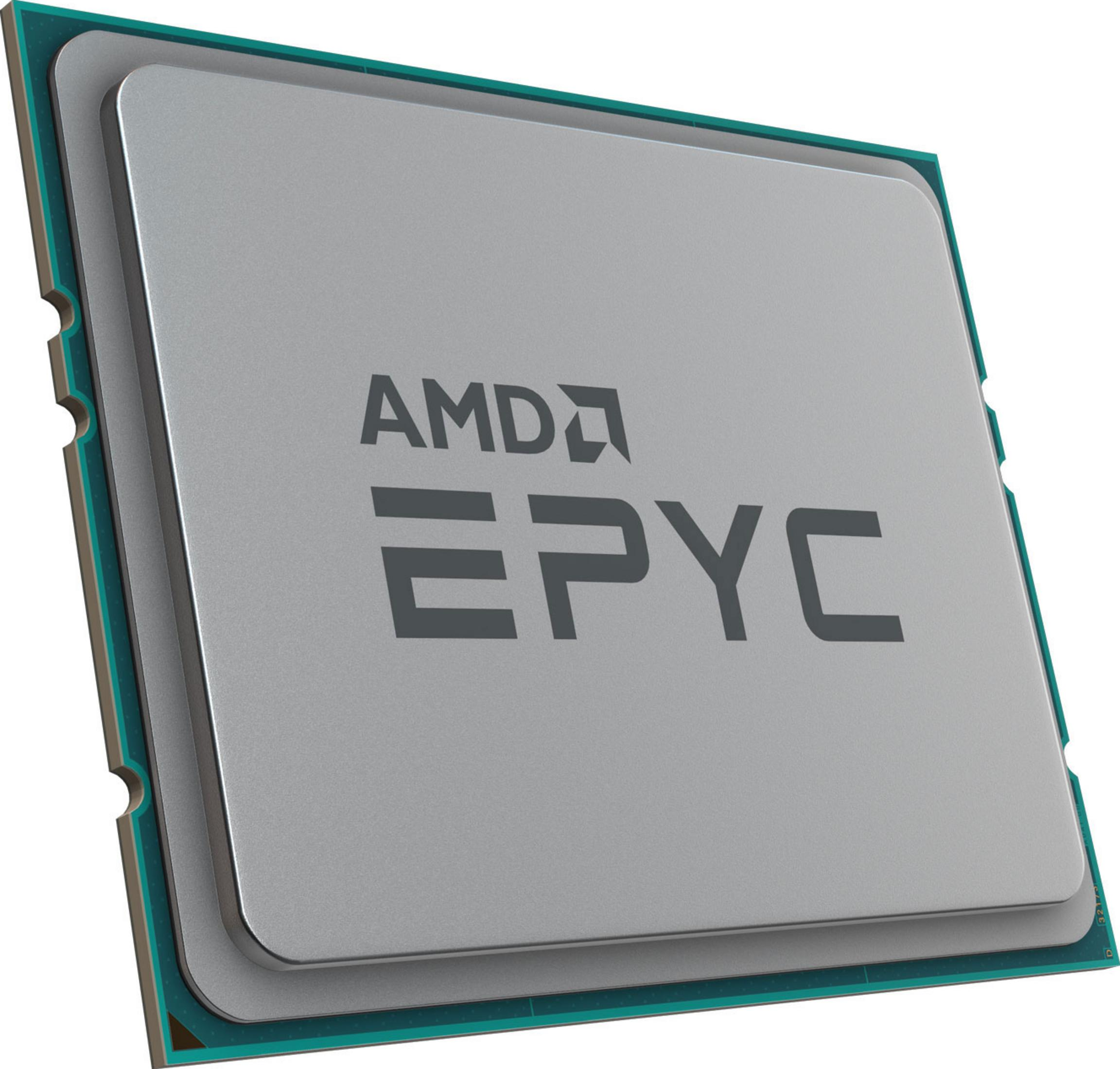 Grauer AMD EPYC Prozessor mit silberner Oberseite und grünen Seiten.