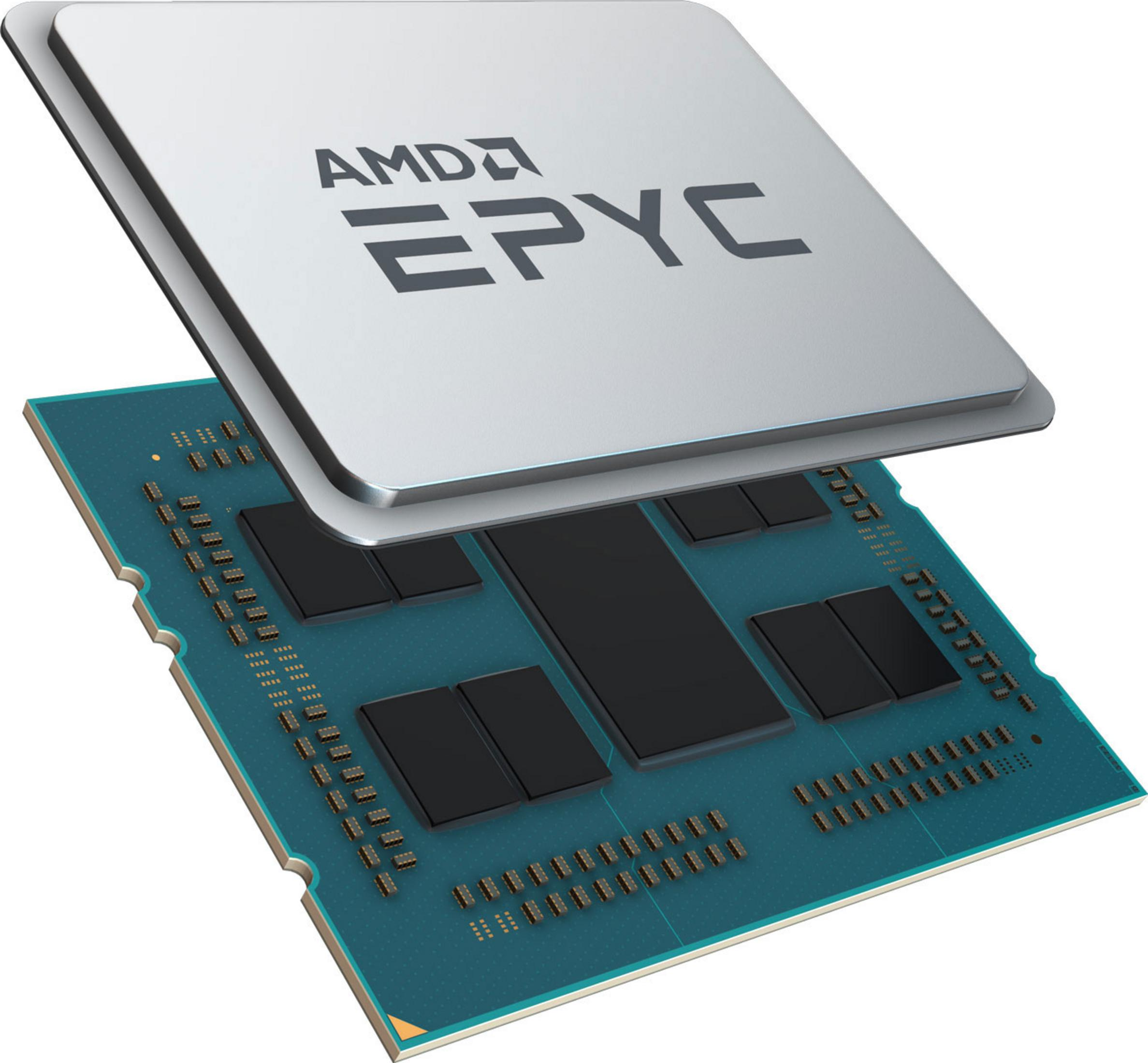 AMD EPYC Prozessor mit silbernem Kühlkörper und blauer Platine.