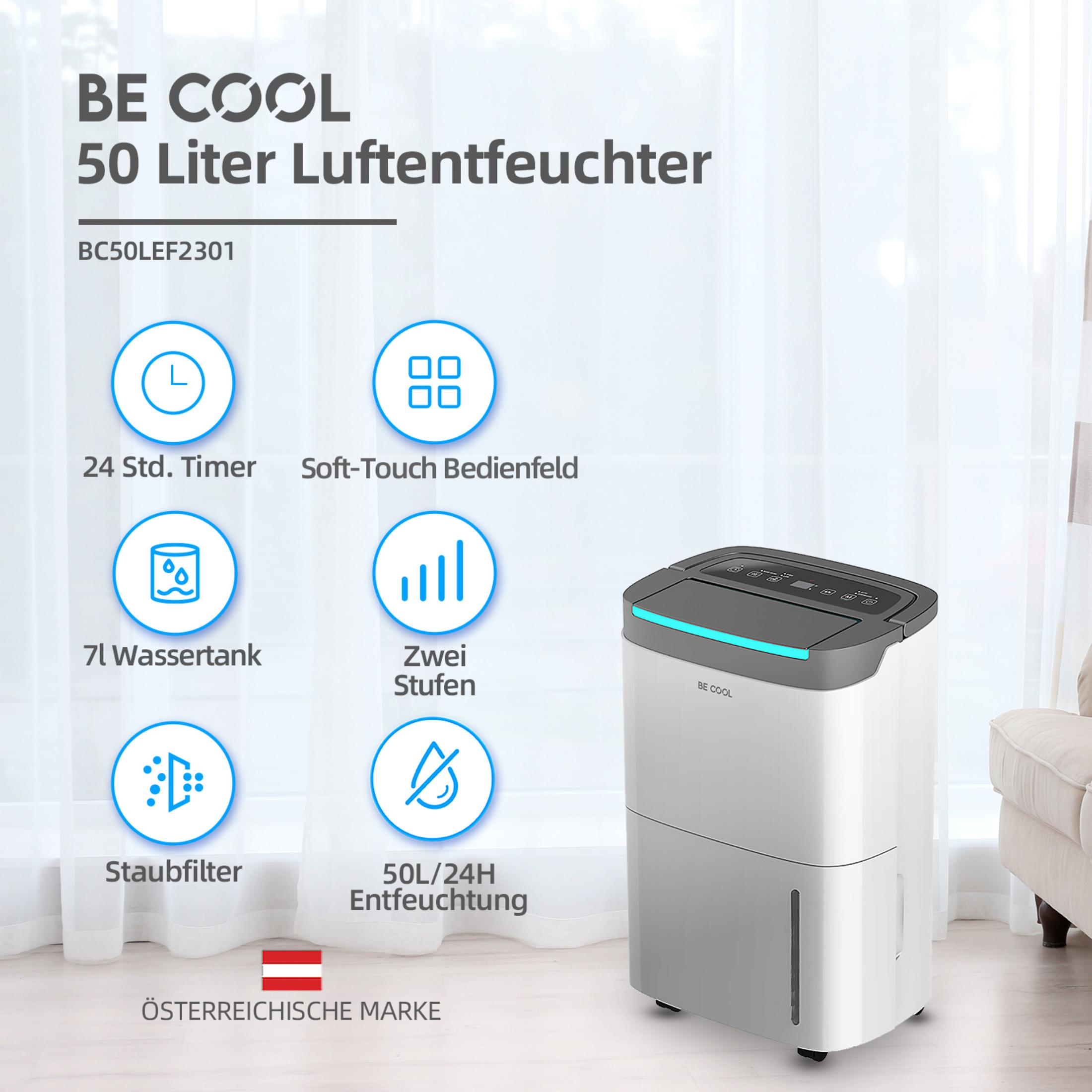 Un deumidificatore bianco con touchscreen e icone per timer, serbatoio, filtro antipolvere, livelli.