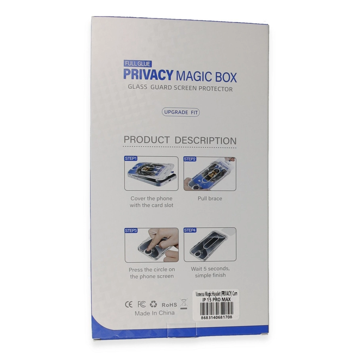 PRIVACY MAGIC BOX ekran koruyucu ürün ambalajı, 4 kurulum adımı gösteriliyor.