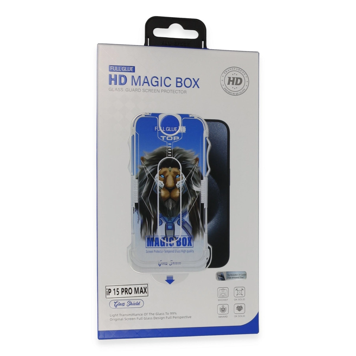 iPhone 15 Pro Max için aslan tasarımlı HD Magic Box ekran koruyucu kutusu.