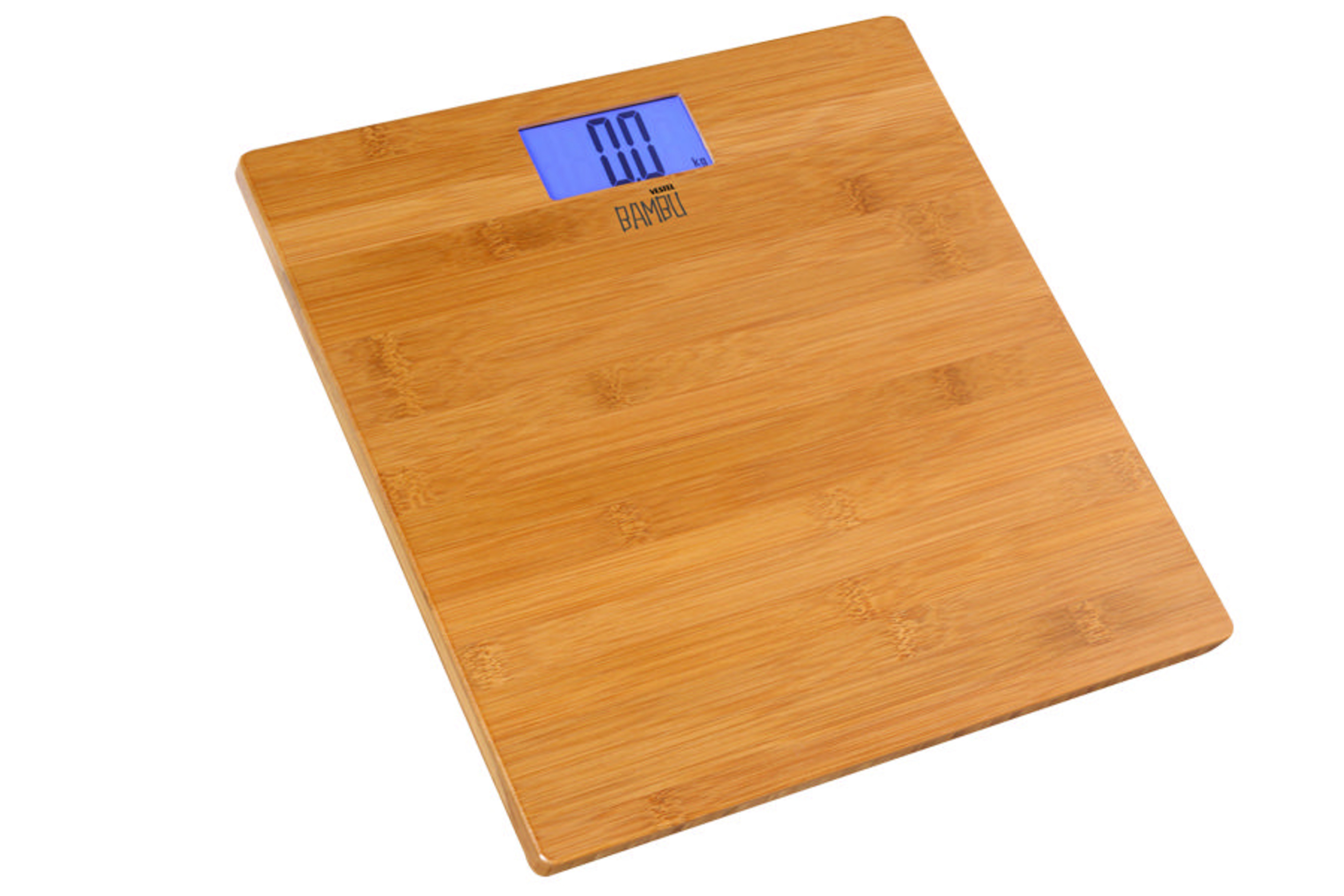 Mavi ekranlı ahşap dijital tartı 0.0 kg gösteriyor.