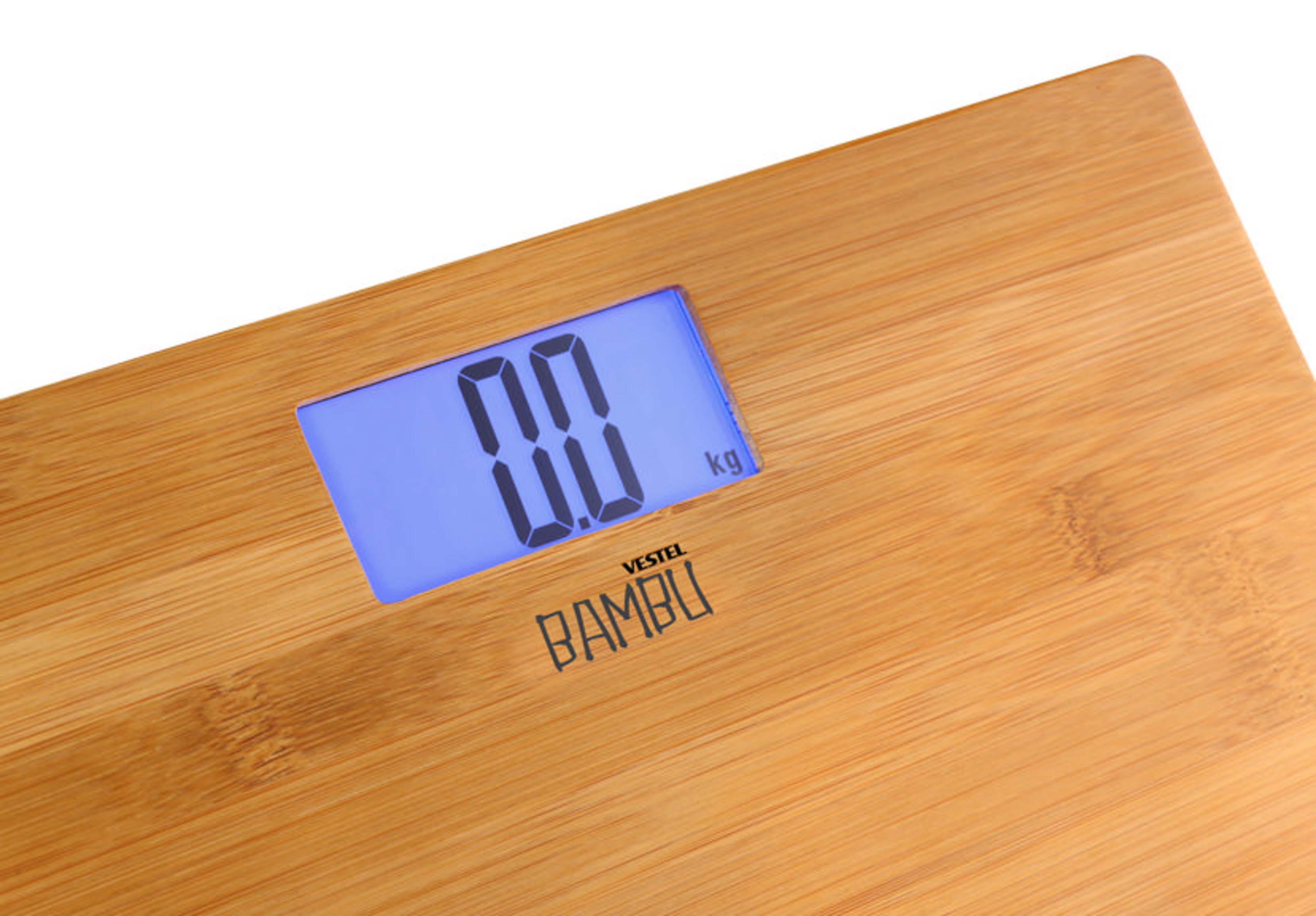 0,0 kg gösteren bambu yüzeyli ve mavi ekranlı dijital tartı.