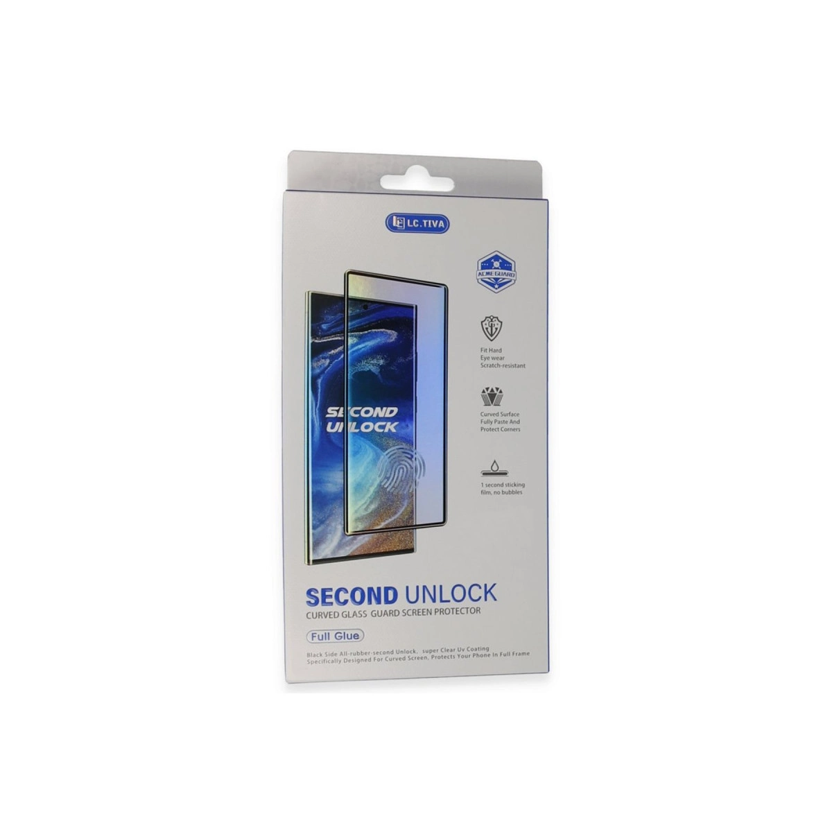 Kavisli ekran koruyucu kutusu, telefon resmi ve ürün özellikleriyle.
