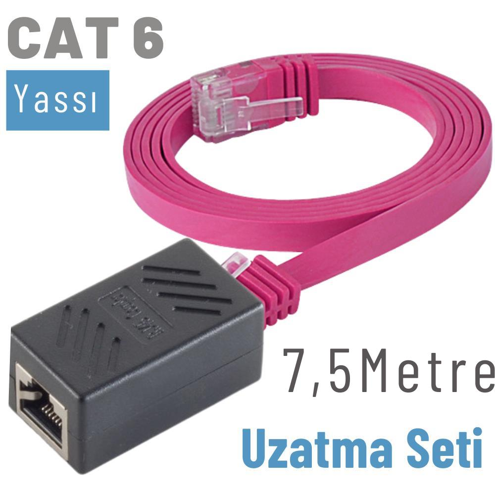 7,5 Metre Uzatma Seti, pembe CAT 6 yassı kablo.