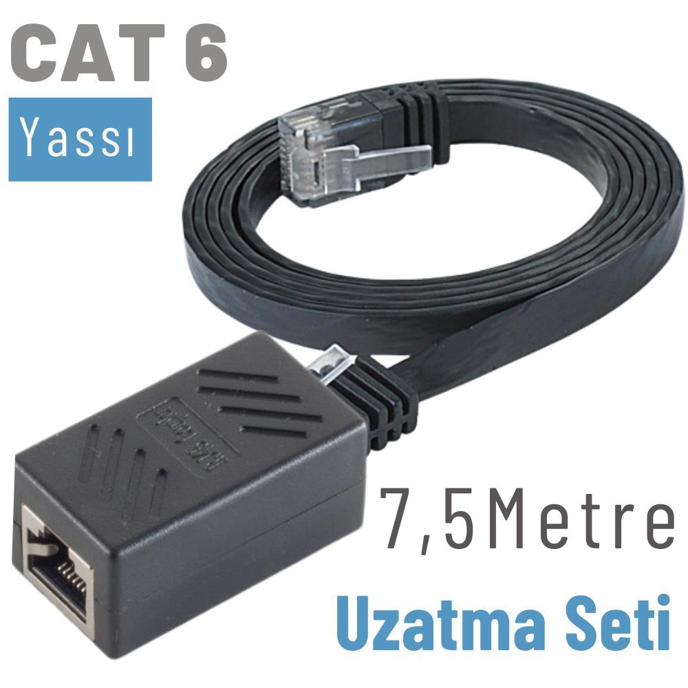 Siyah, yassı CAT 6 ağ kablosu adaptör ve RJ45 konnektörlü. 7.5 metre.