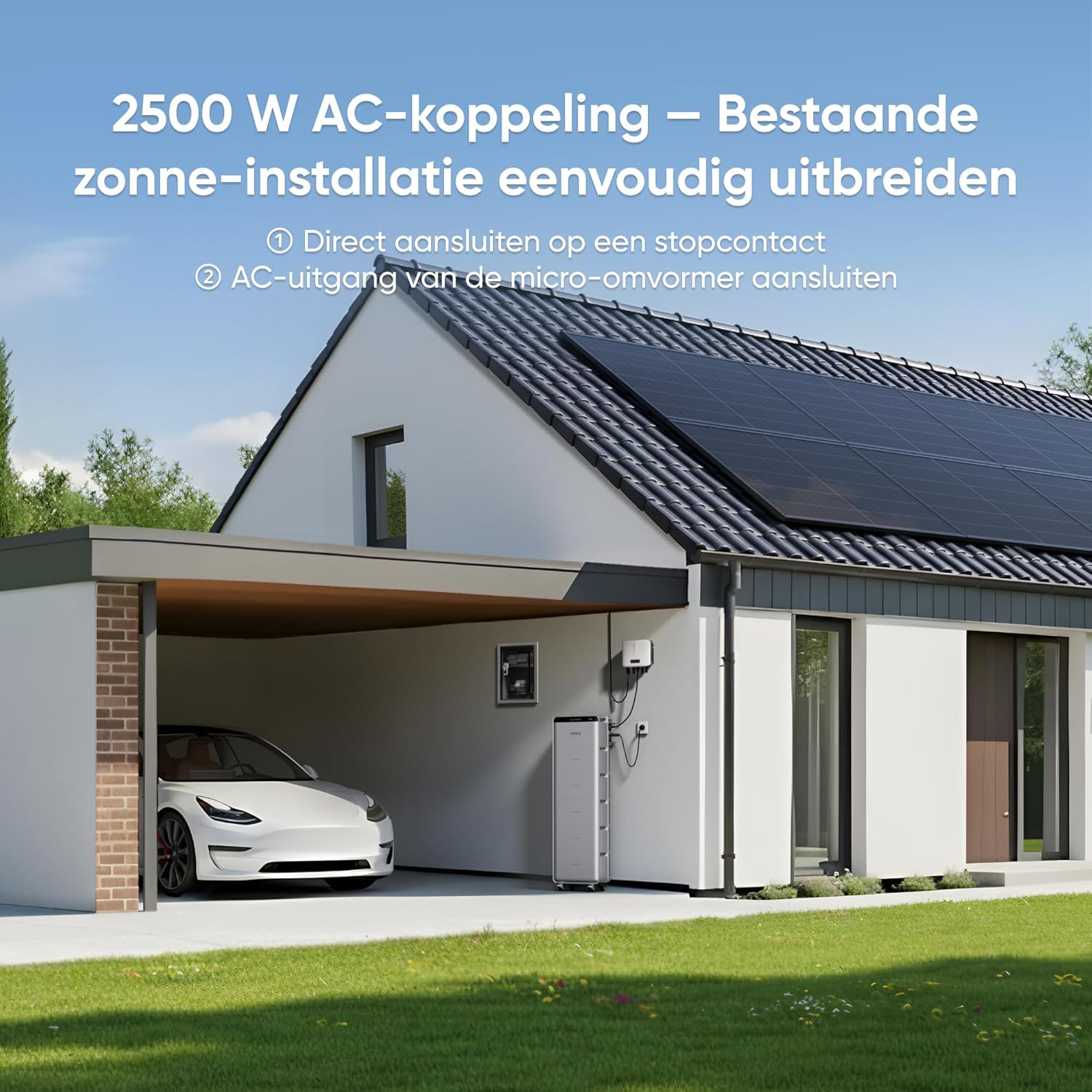 Modern huis met zonnepanelen, witte elektrische auto en energieopslag.