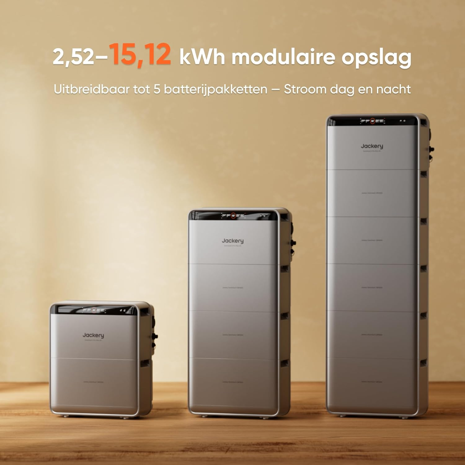 Drie Jackery batterijopslageenheden van verschillende formaten op een houten tafel.