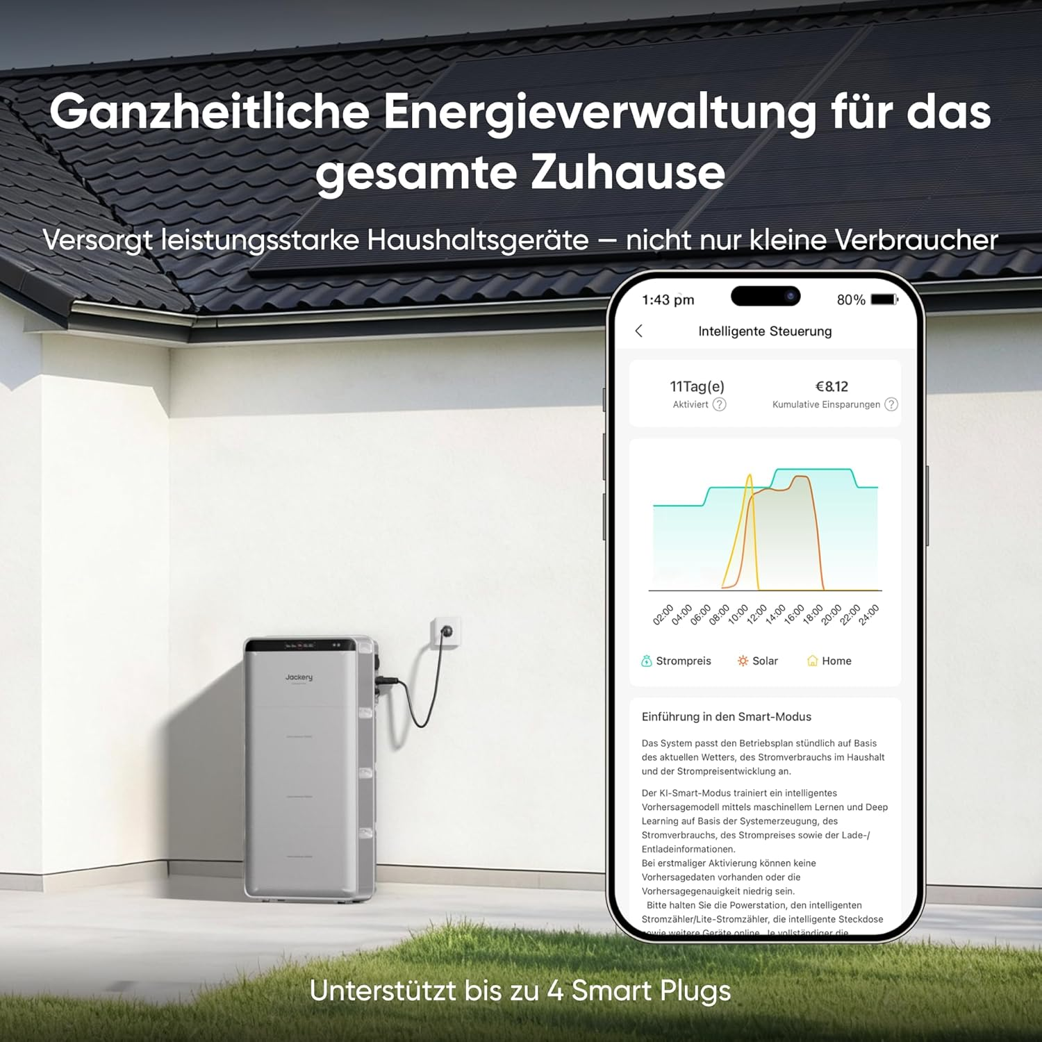 Jackery power station met zonnepanelen en app-overzicht, toont energiebeheer.