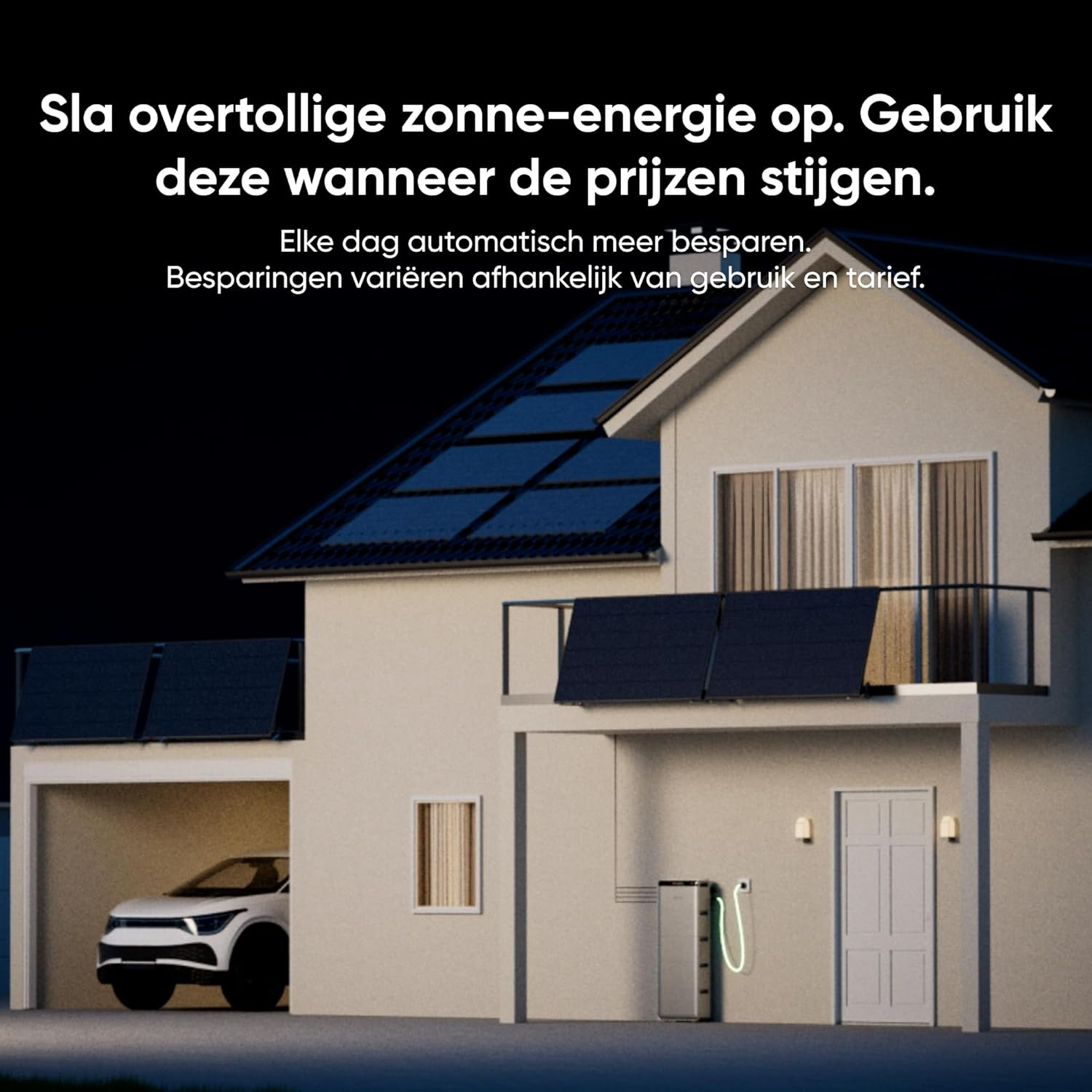 Huis met zonnepanelen, elektrische auto, opslag & laadstation.