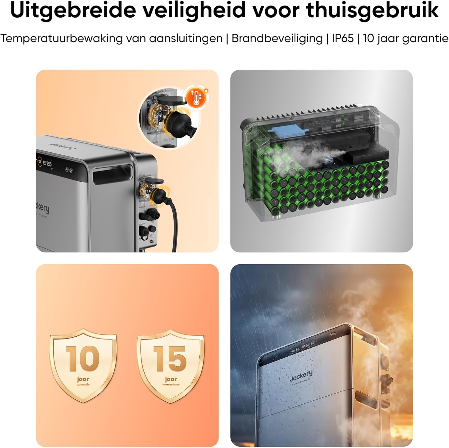 Draagbaar krachtstation met temperatuurbewaking, batterijinterieur en garantie-zegels.