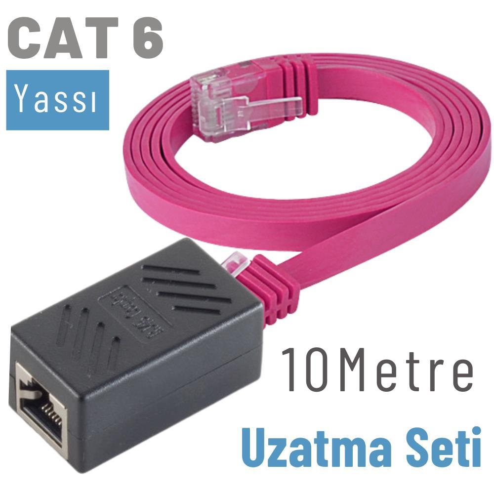 Siyah adaptörlü ve yazılı düz pembe CAT 6 ağ kablosu.