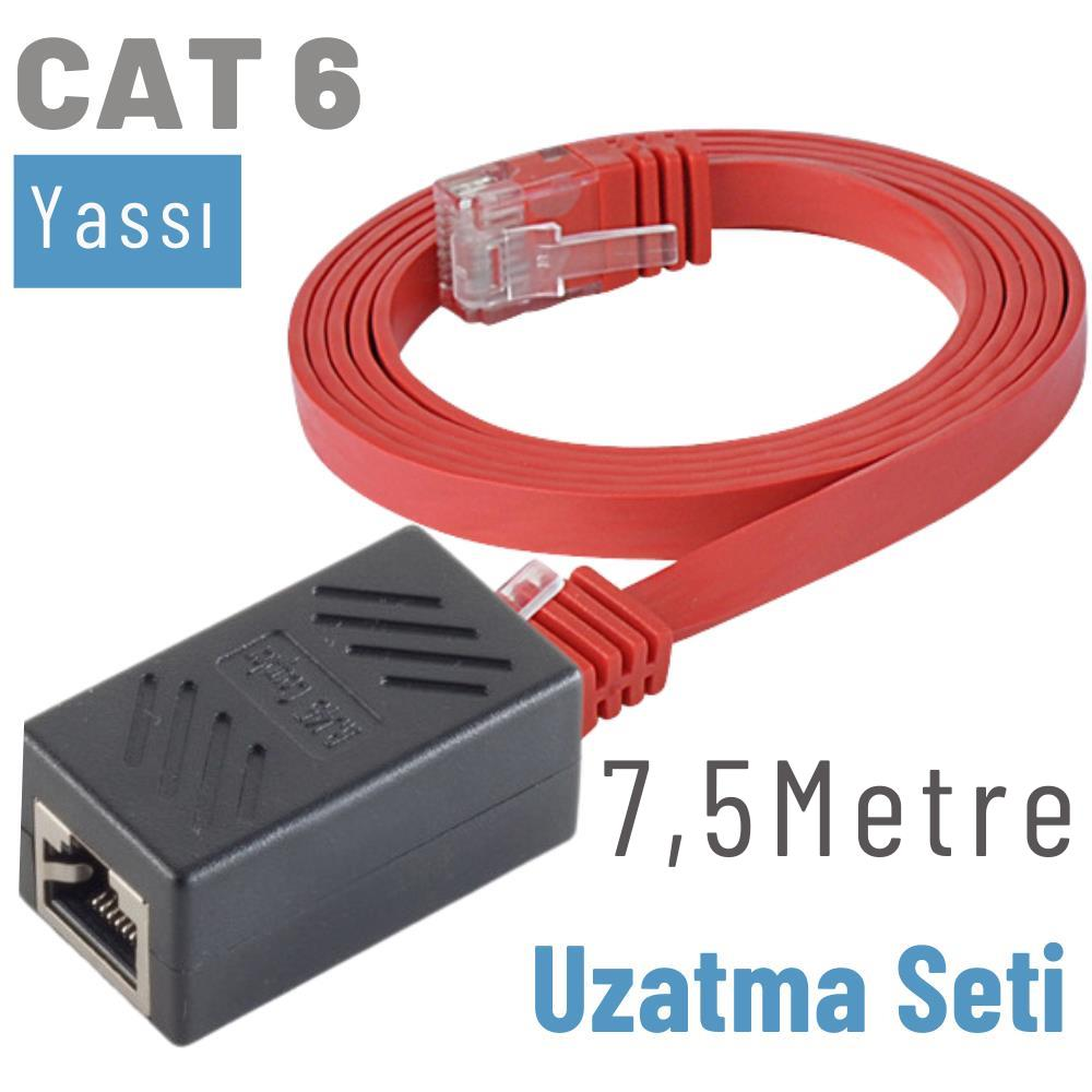 Siyah adaptörlü ve yazılı kırmızı yassı CAT 6 ağ kablosu.