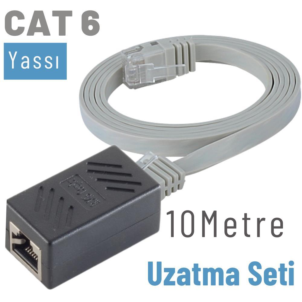 Düz CAT 6 ağ kablosu uzatma adaptörüyle, 10 metre.