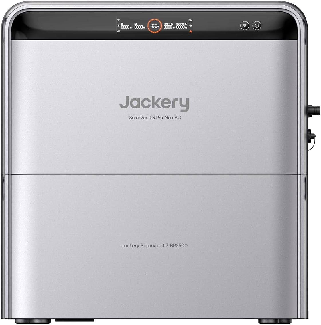 Zilveren Jackery SolarVault 3 Pro Max AC met digitaal display en belettering.