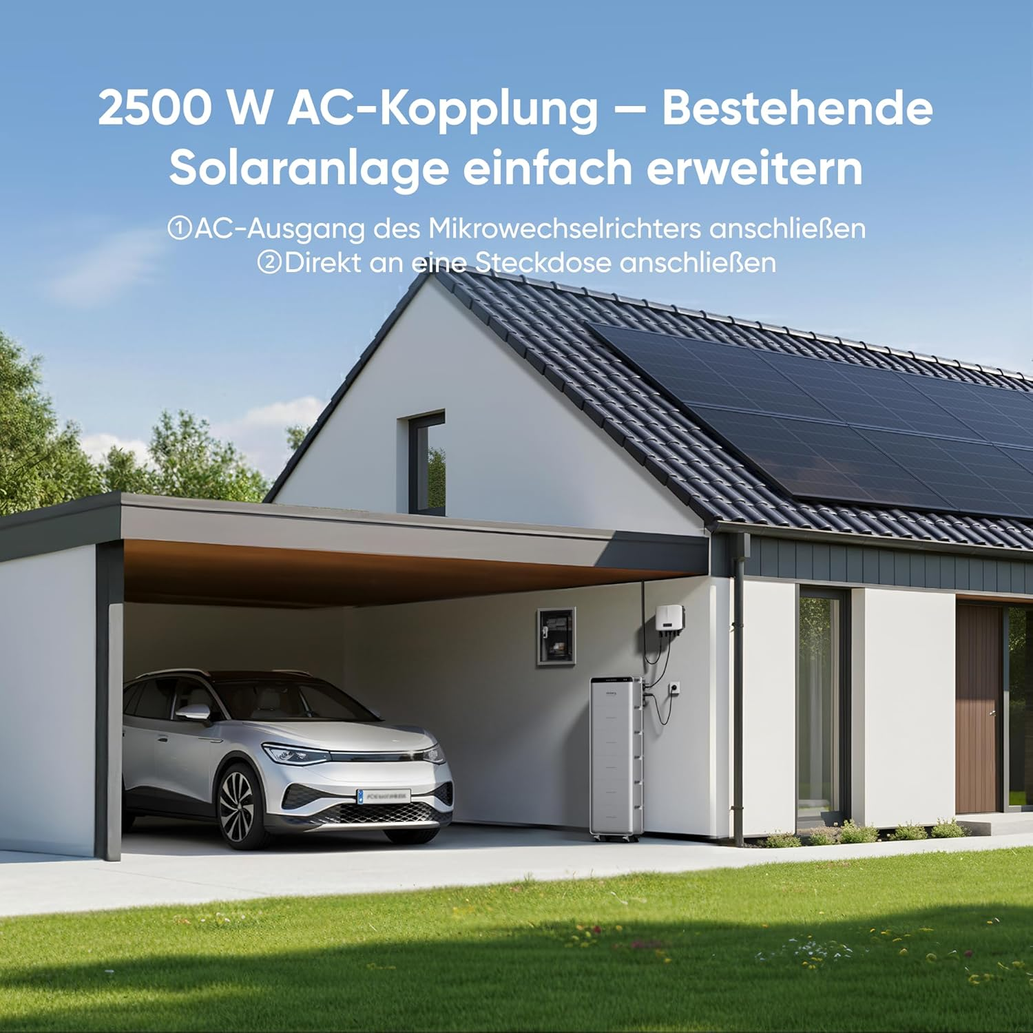 Huis met zonnepanelen, elektrische auto onder carport, energieopslag. Dak heeft panelen.