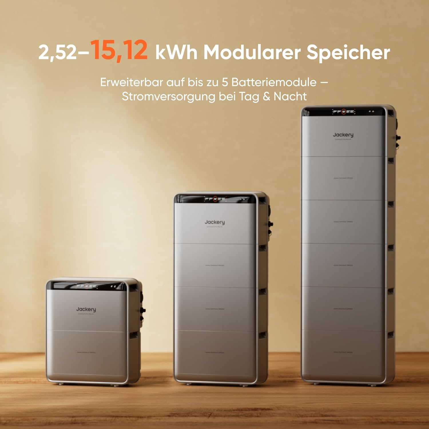 Drie Jackery batterijopslageenheden van verschillende formaten op een houten tafel.