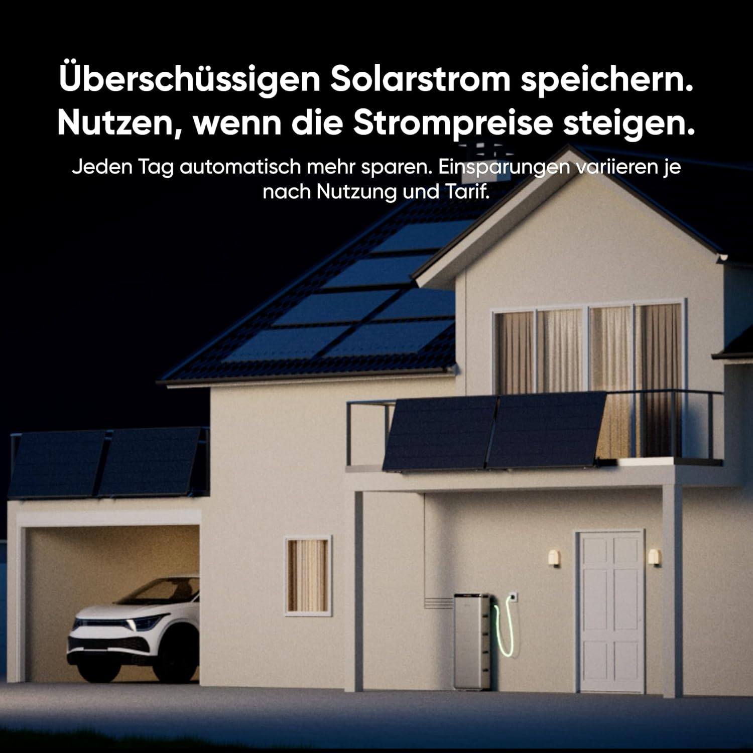 Huis met zonnepanelen, elektrische auto in garage, energieopslag en tekst.