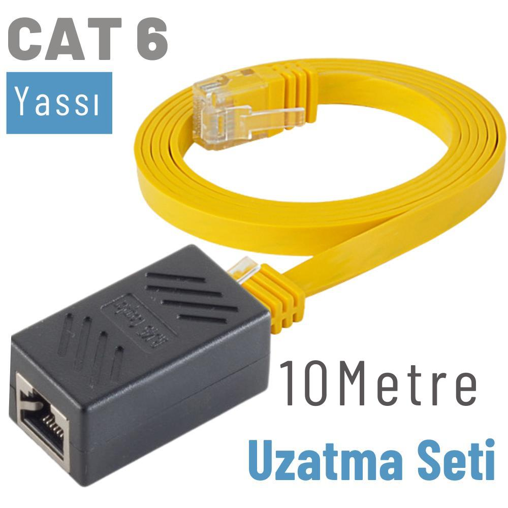 Siyah 10 metrelik uzatma seti ile düz sarı CAT 6 kablo.