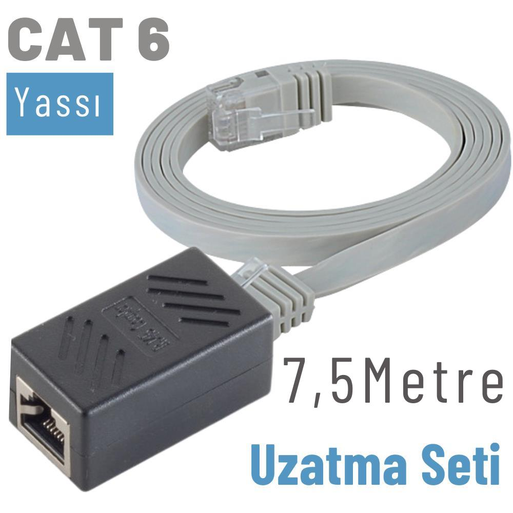 7,5 metre uzunluğunda, adaptörlü düz CAT 6 ağ kablosu.