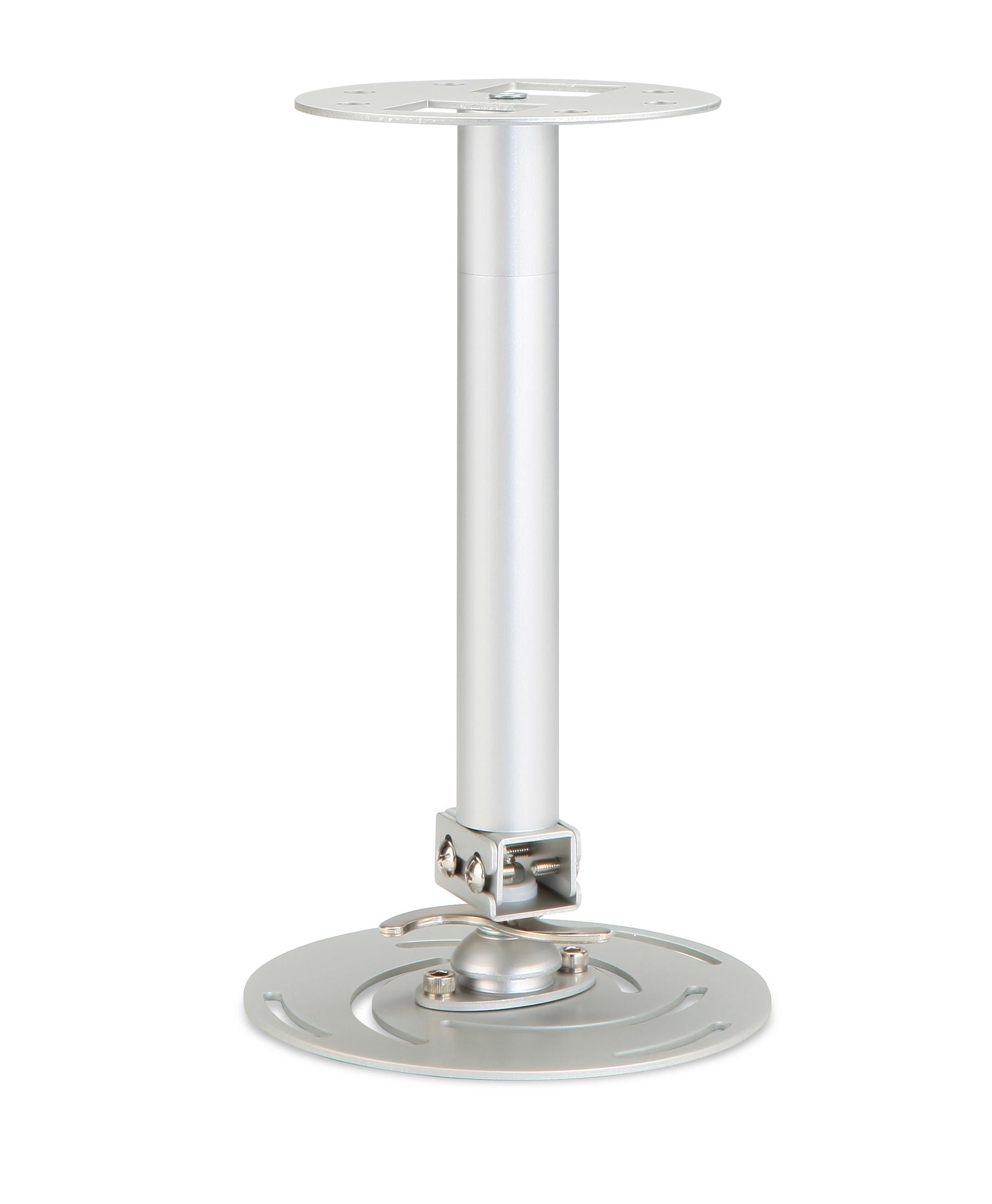 Silver projector ceiling mount with round base and adjustable pole.