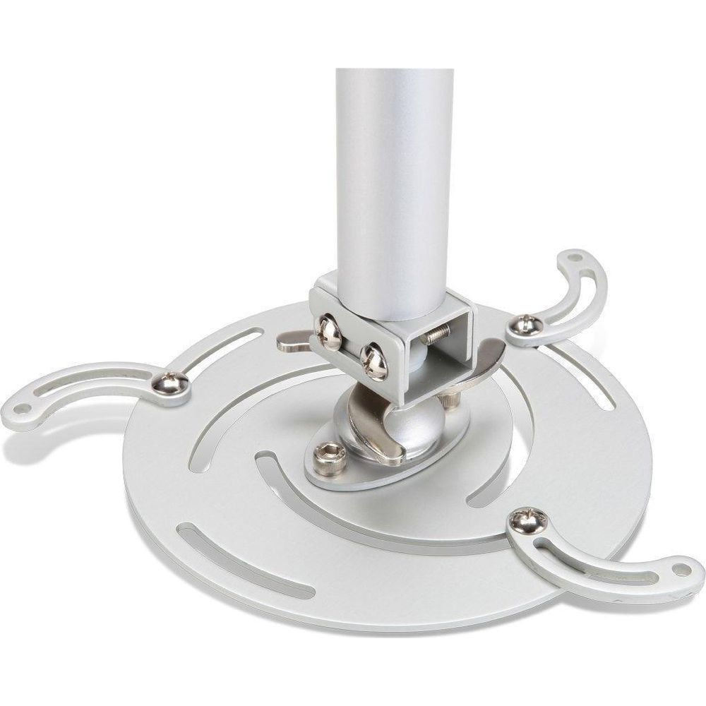 A silver ceiling mount with adjustable arms for a projector.