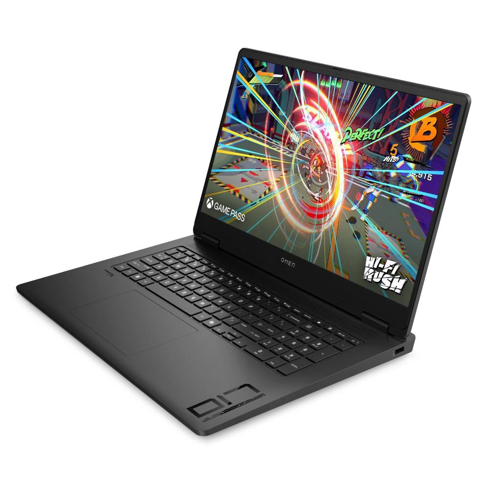Siyah bir OMEN dizüstü bilgisayar, canlı renkler ve aksiyonla Hi-Fi Rush oyununu gösteriyor.